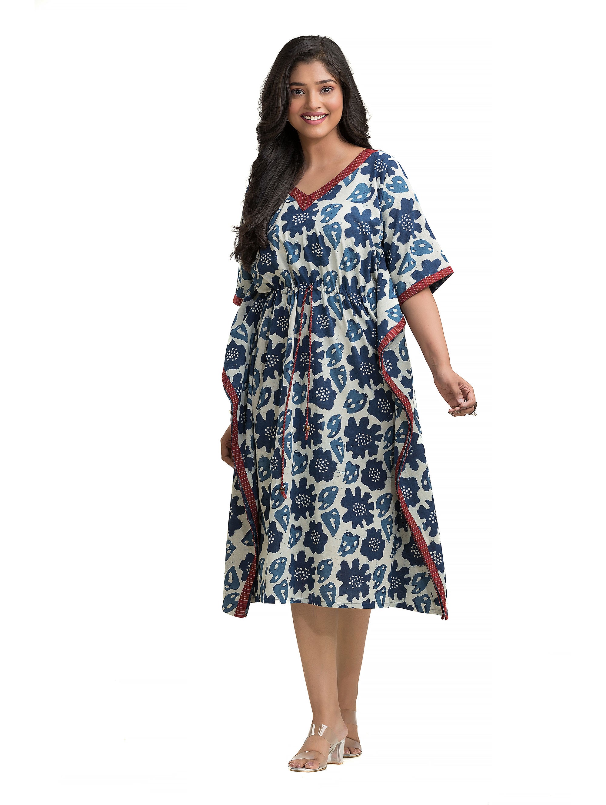 Indigo Hand Block Kaftan with Draw-string