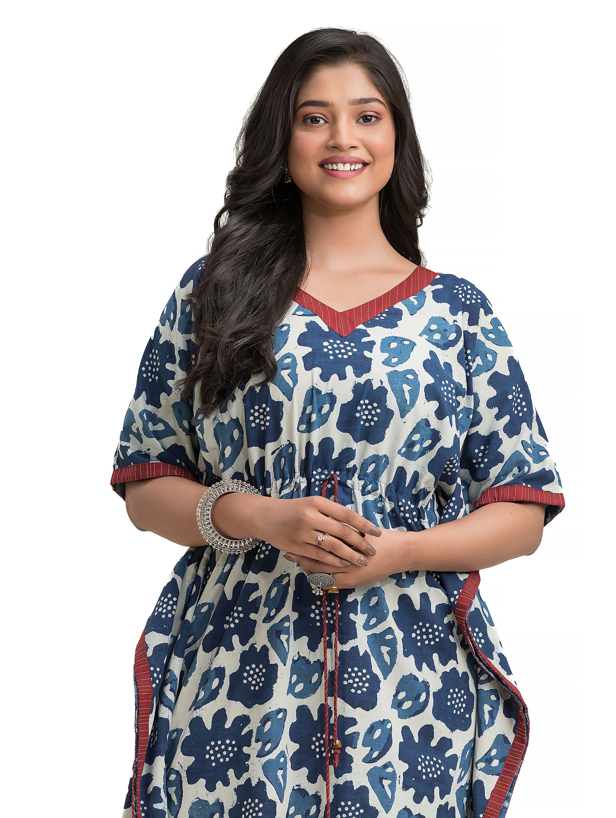 Indigo Hand Block Kaftan with Draw-string