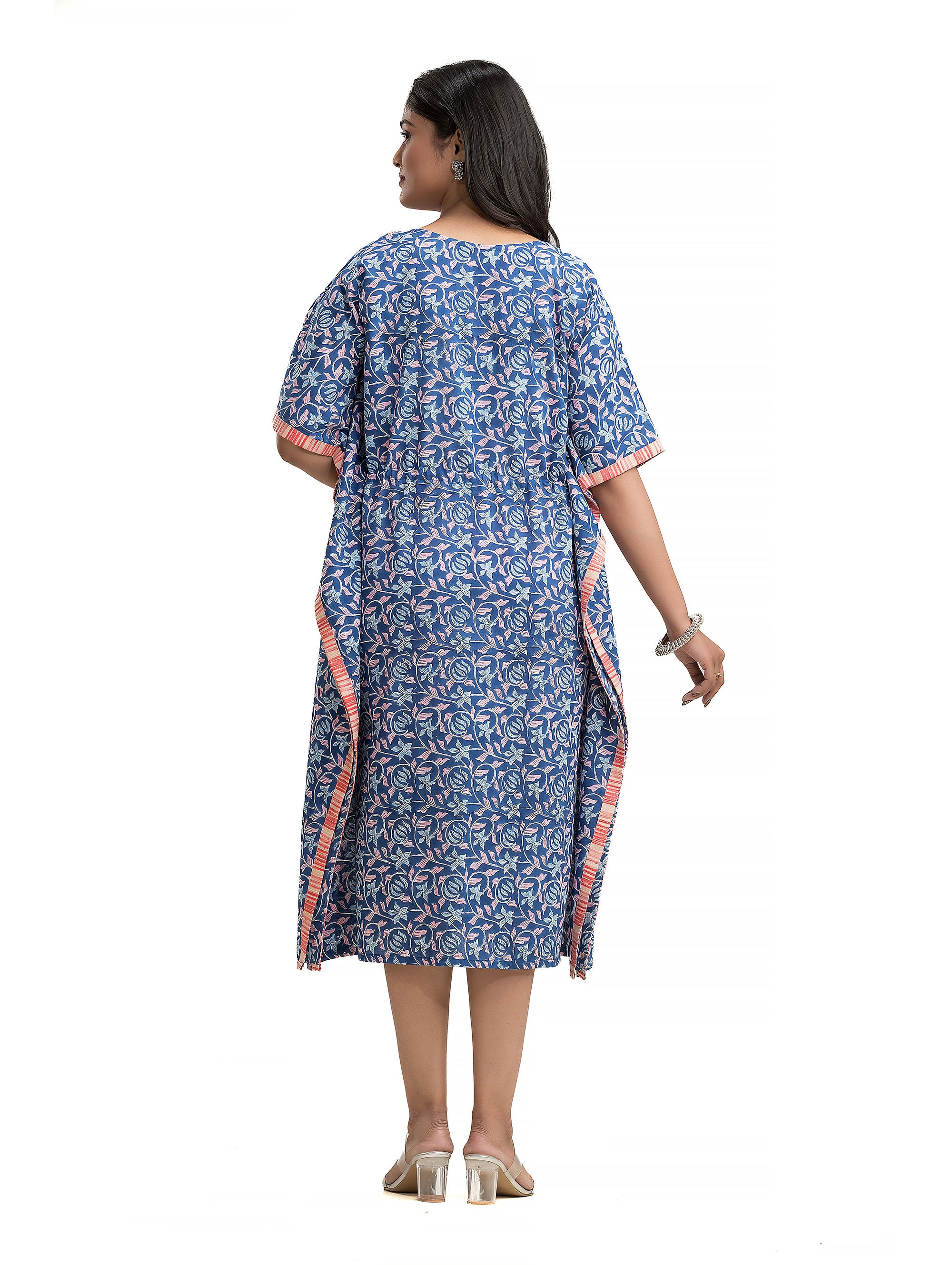 Floral Kaftan with Kantha Patchwork on Neck line and Sides