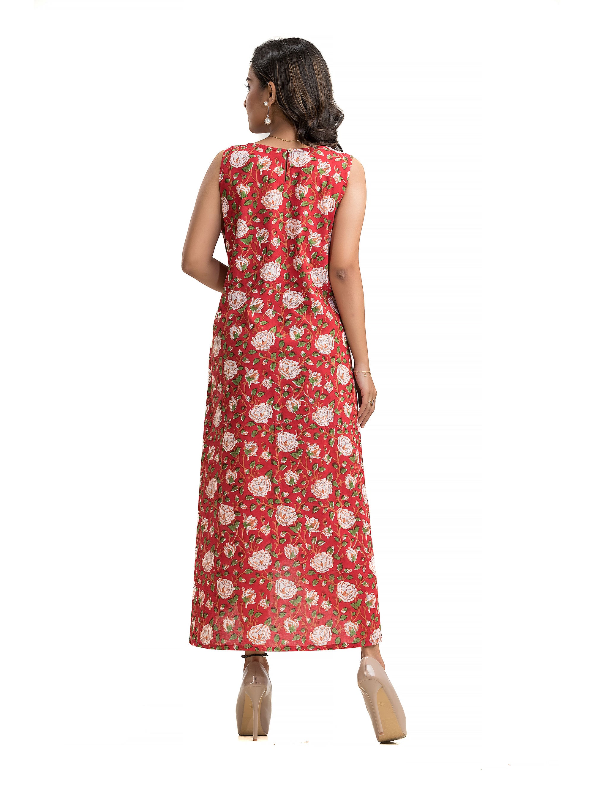 Red Floral Motif Hand Block Dress