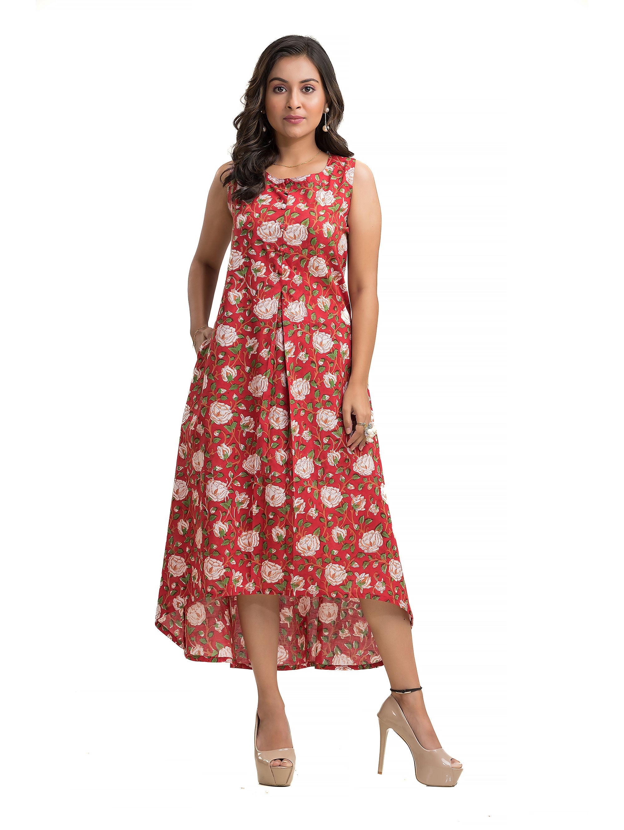 Red Floral Motif Hand Block Dress