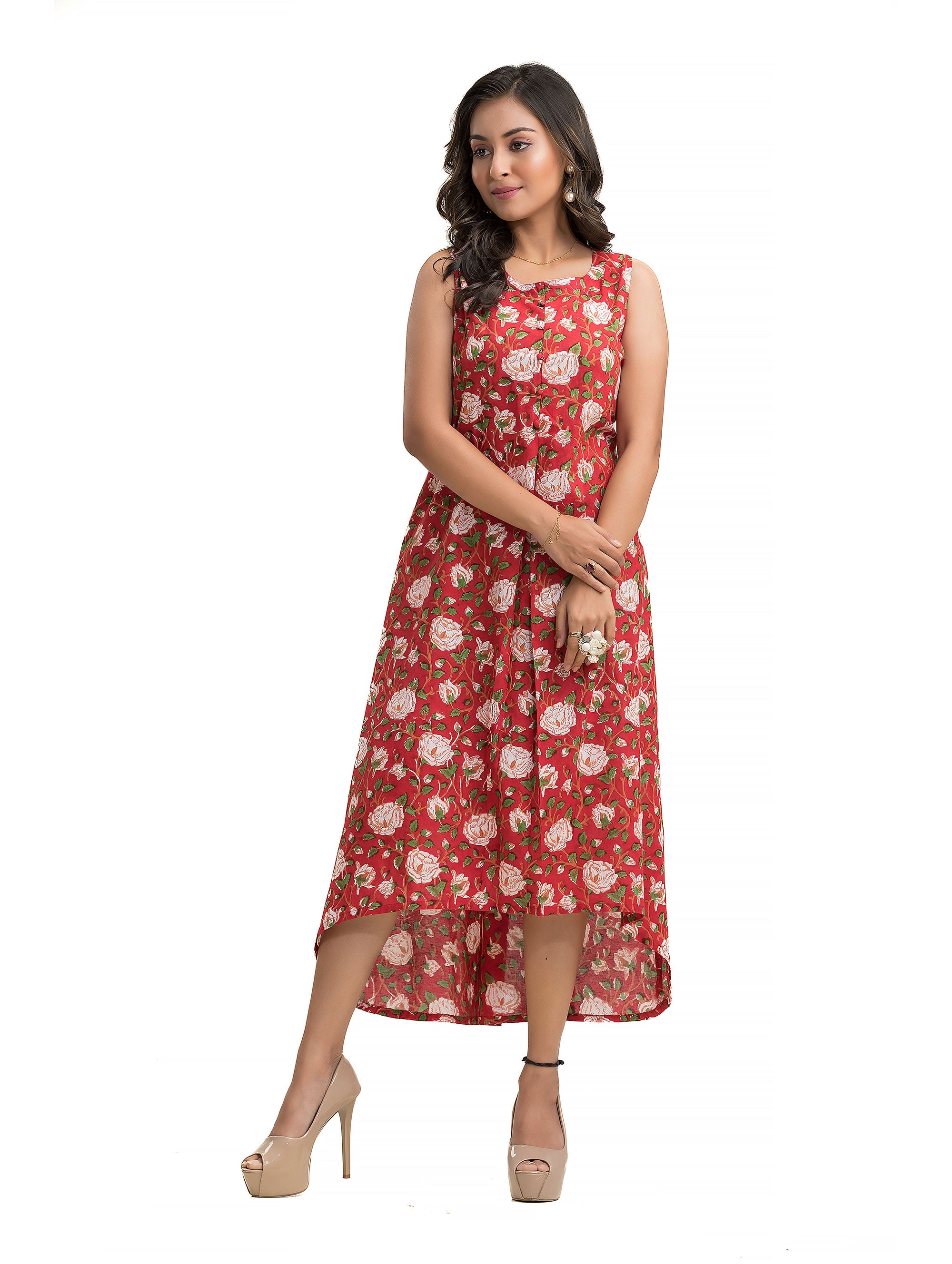 Red Floral Motif Hand Block Dress