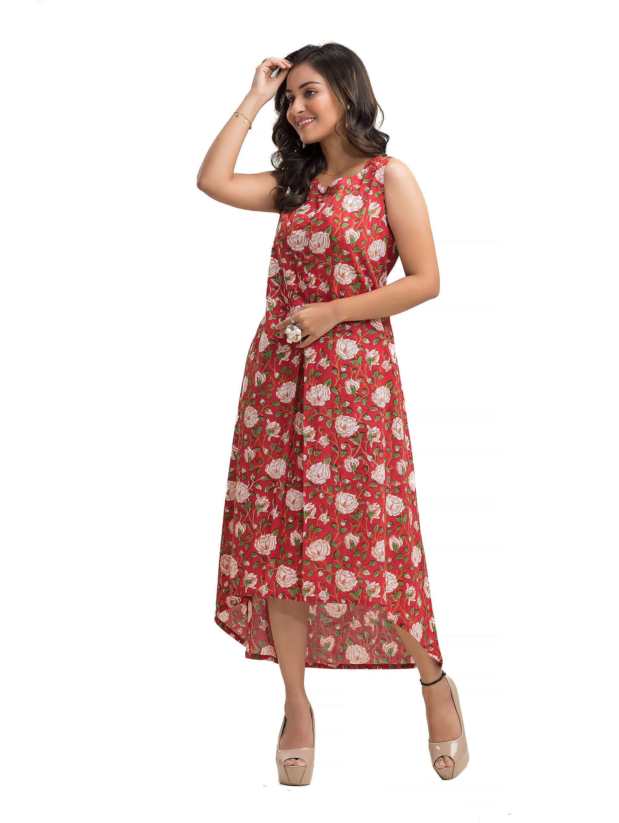 Red Floral Motif Hand Block Dress