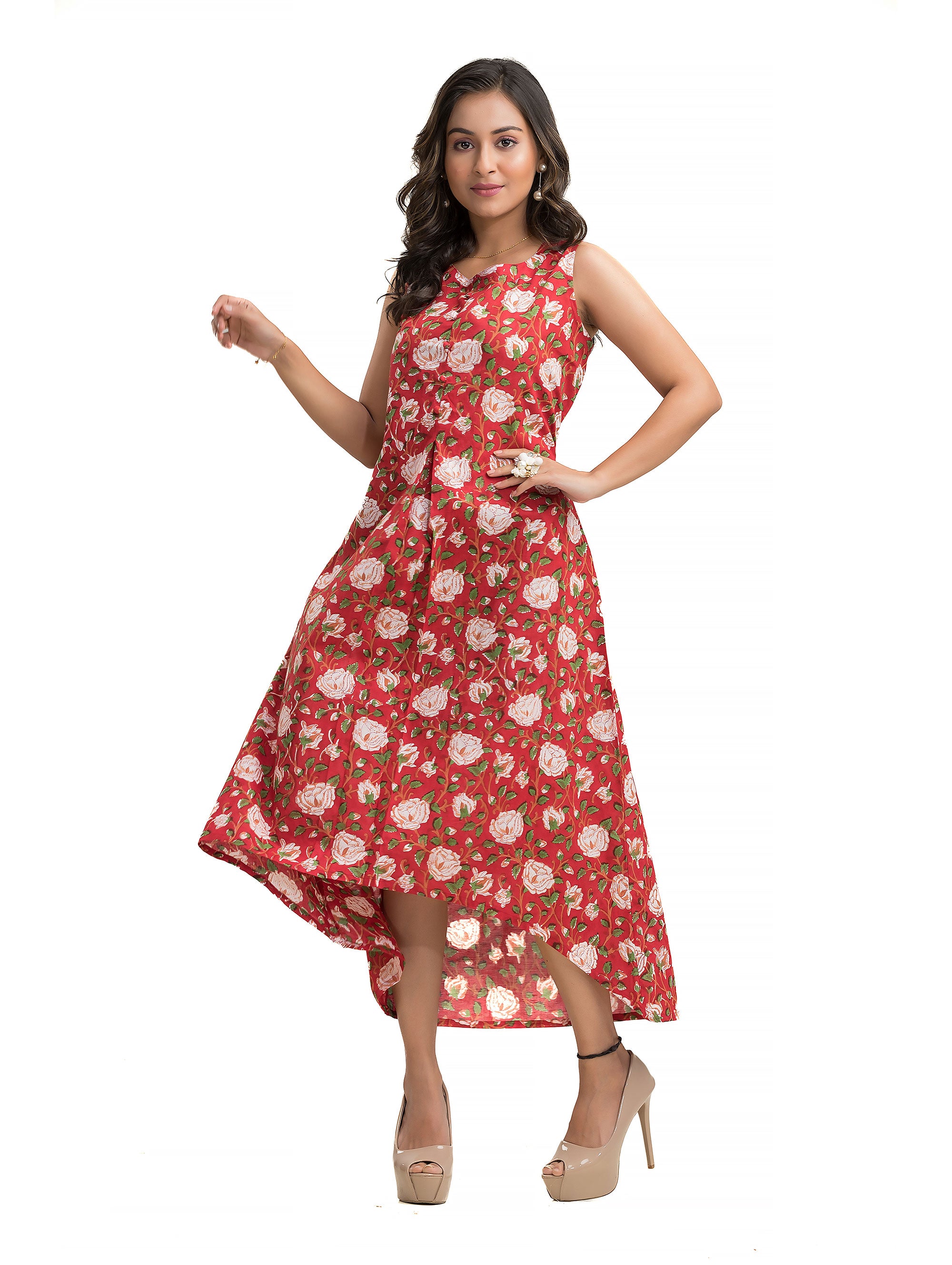 Red Floral Motif Hand Block Dress