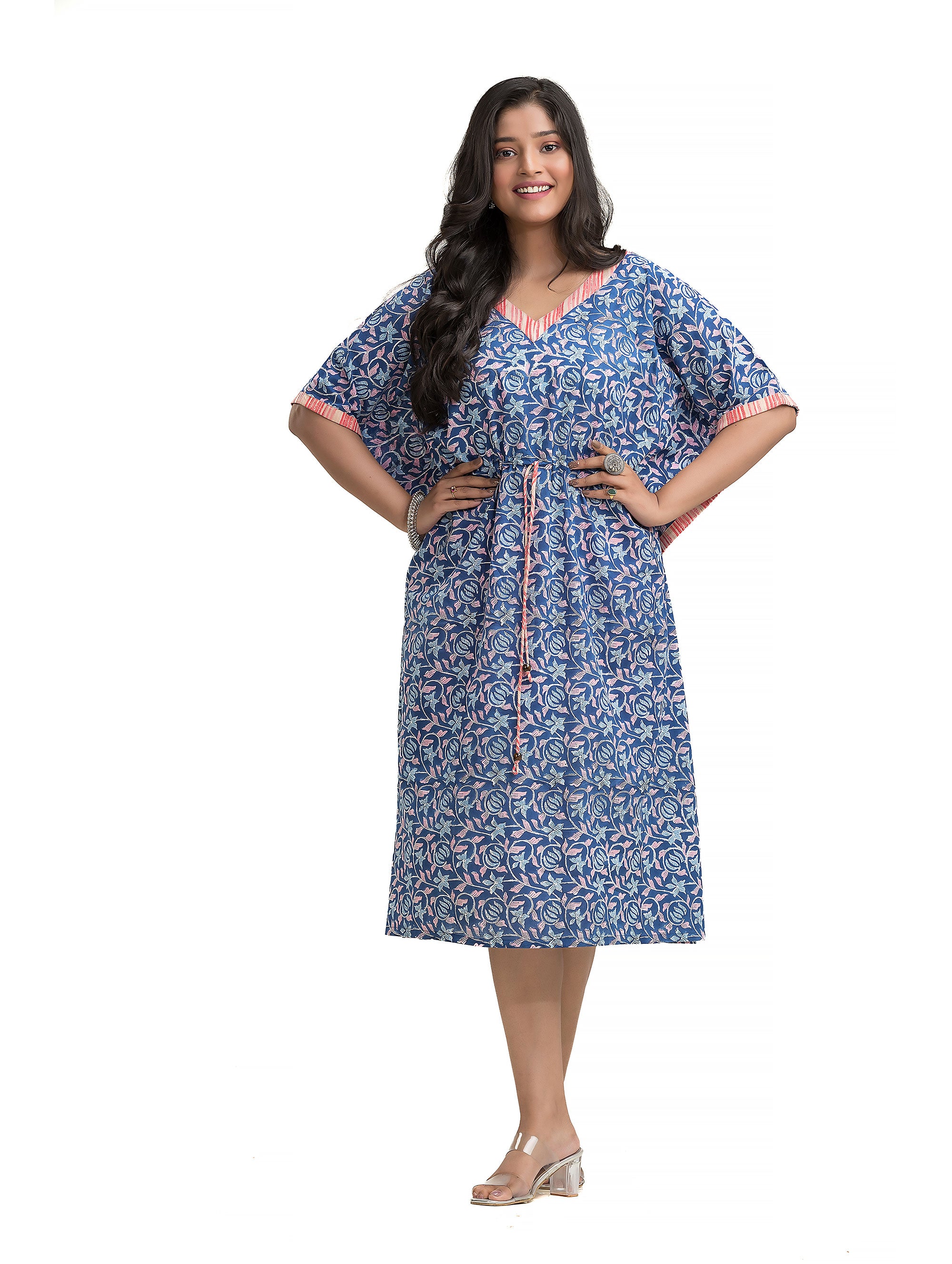 Floral Kaftan with Kantha Patchwork on Neck line and Sides