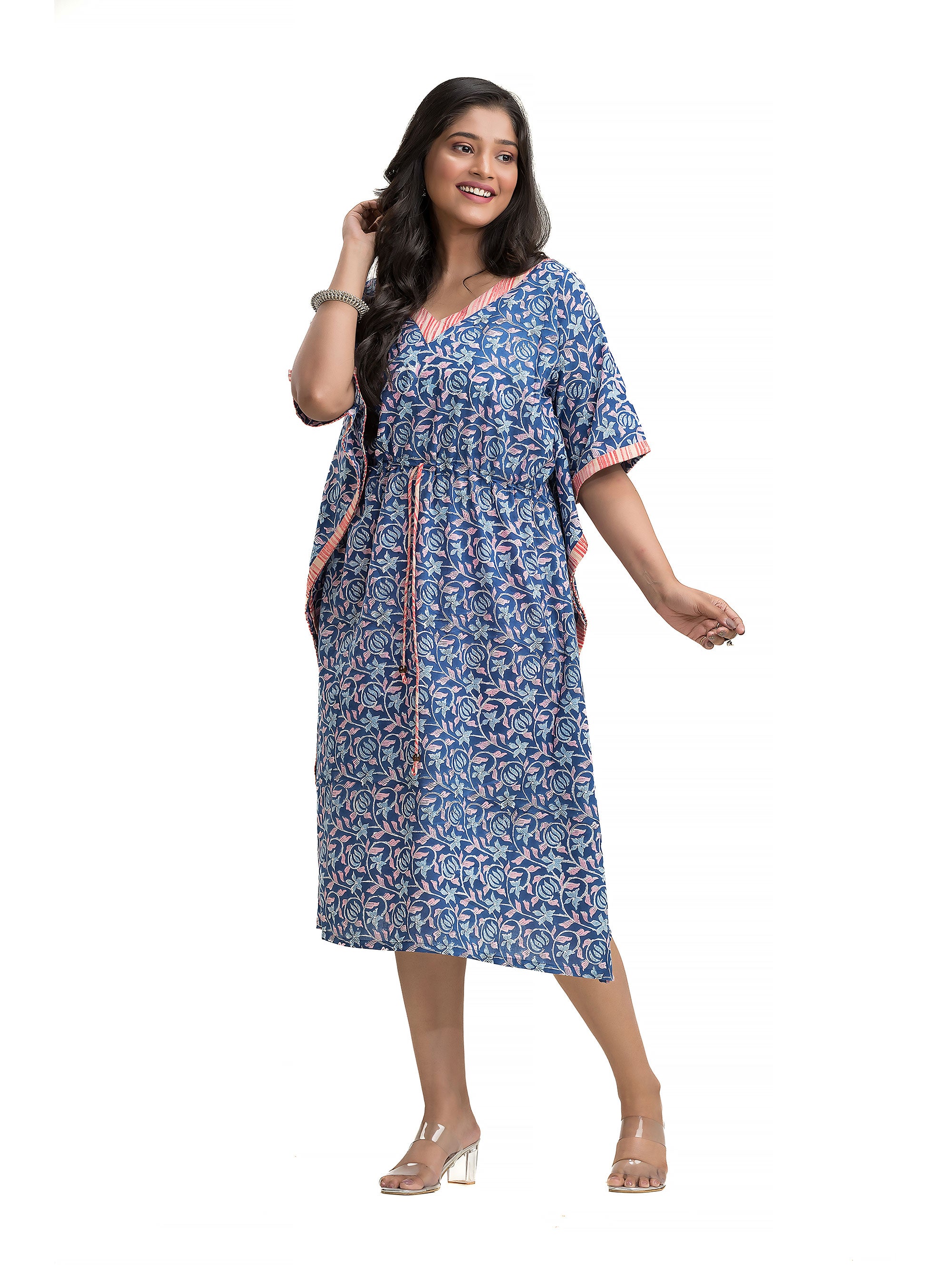 Floral Kaftan with Kantha Patchwork on Neck line and Sides
