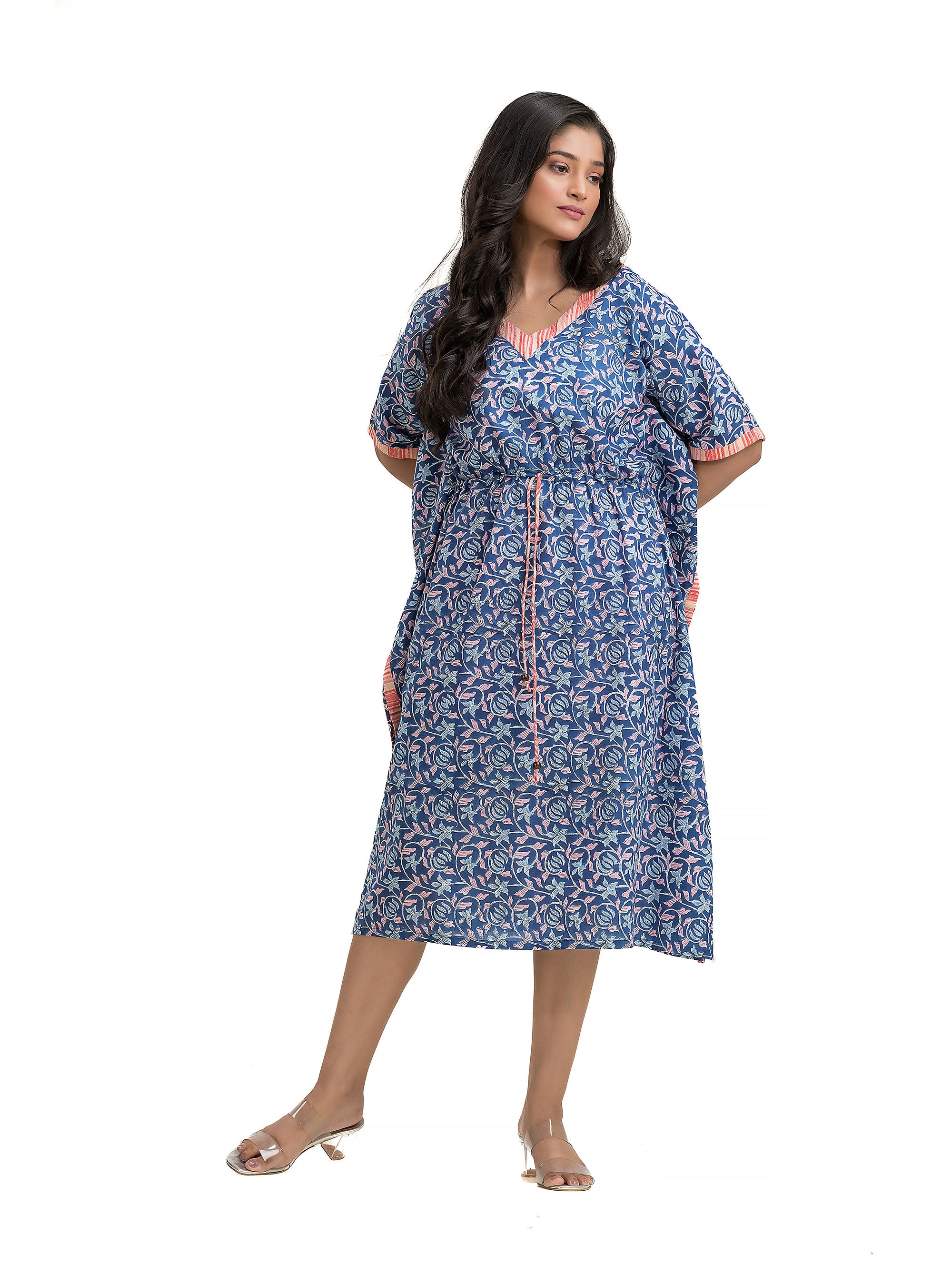 Floral Kaftan with Kantha Patchwork on Neck line and Sides