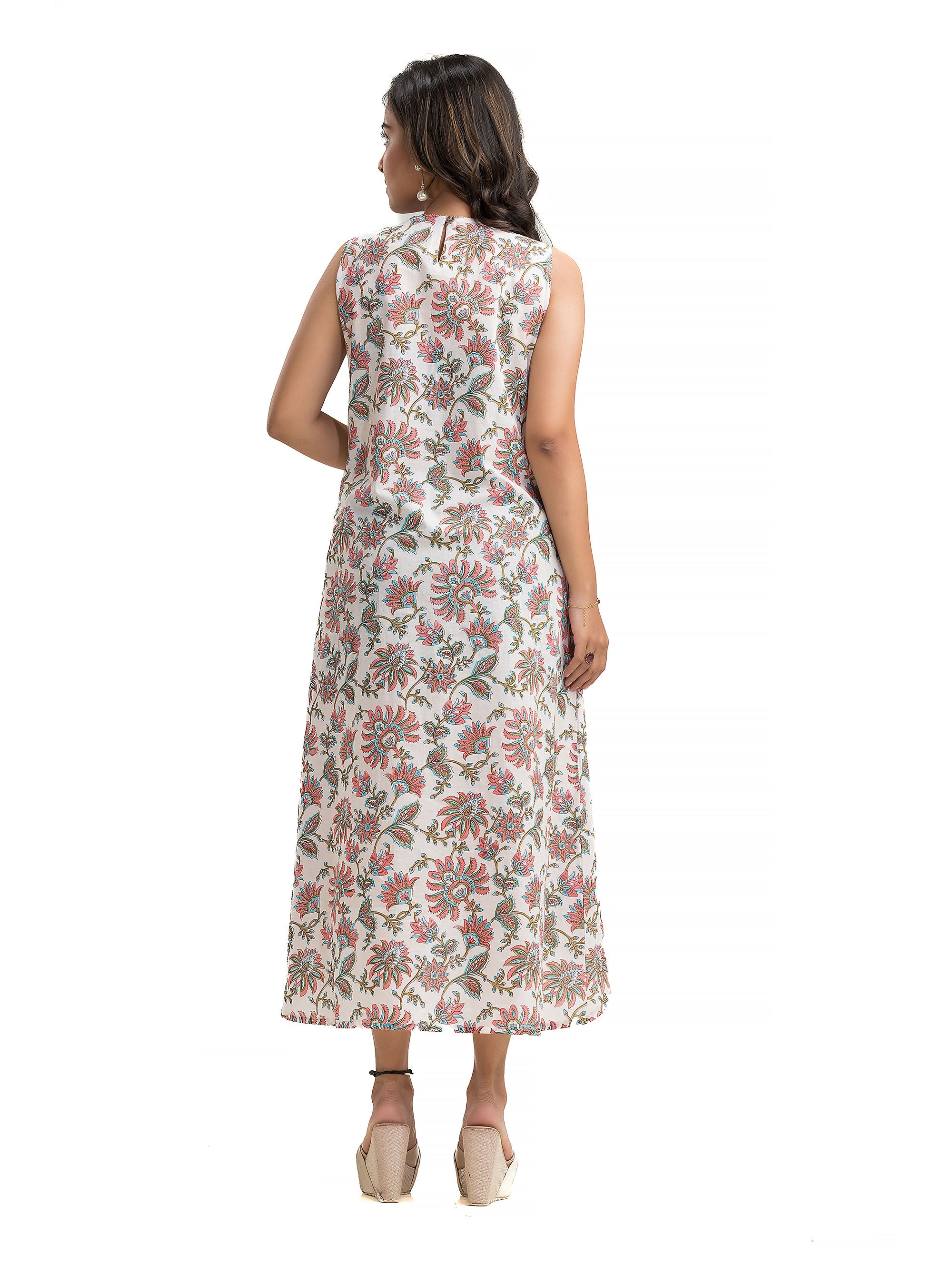 White Pink Floral Dress with Assymmetric Hem Line