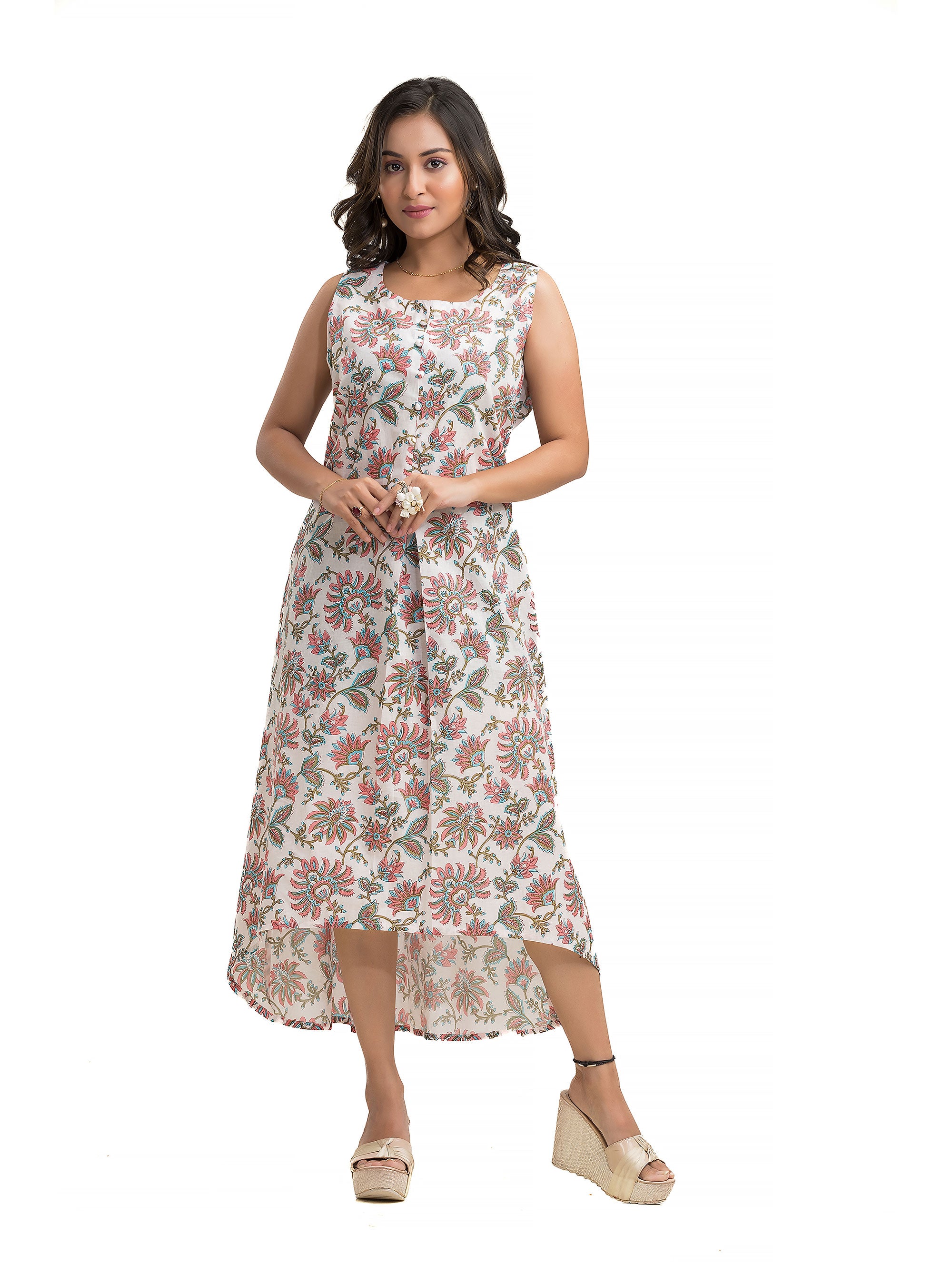 White Pink Floral Dress with Assymmetric Hem Line