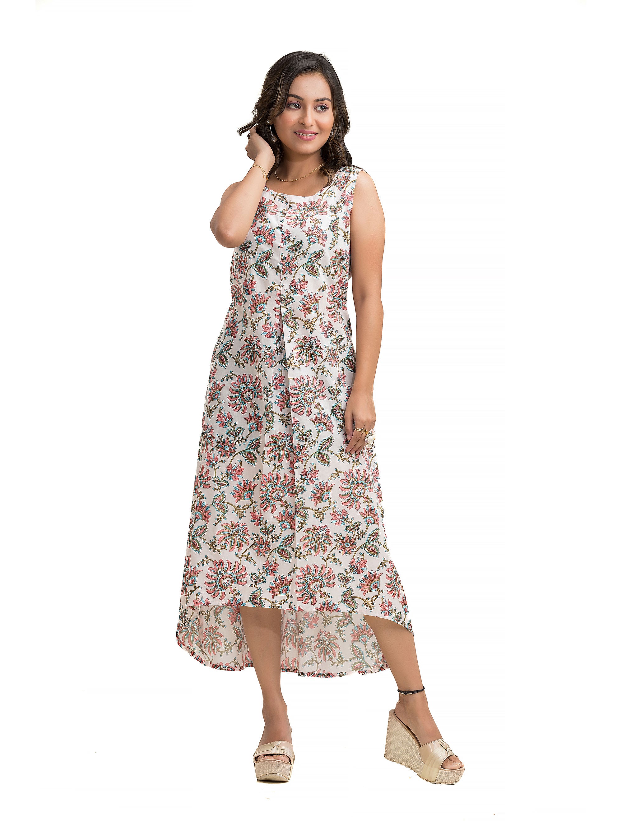 White Pink Floral Dress with Assymmetric Hem Line
