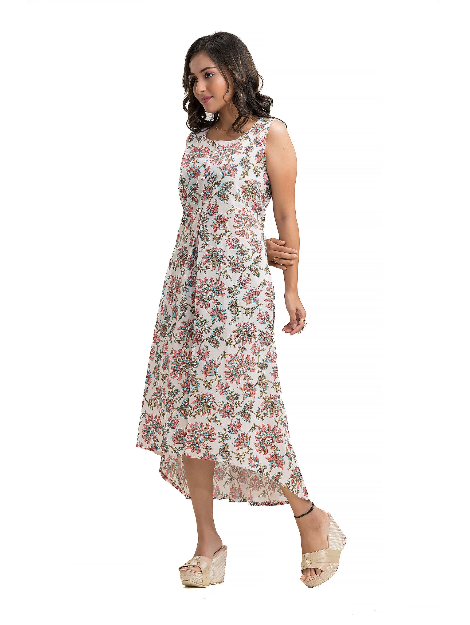 White Pink Floral Dress with Assymmetric Hem Line
