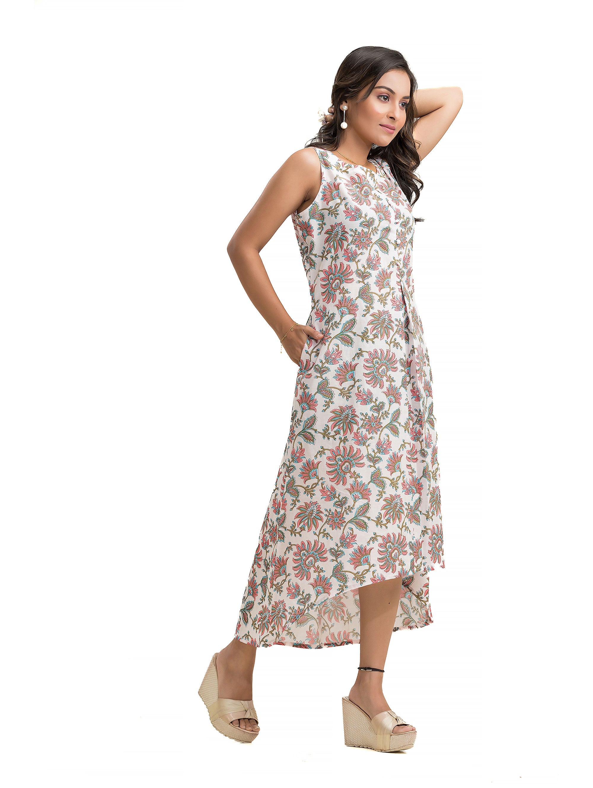 White Pink Floral Dress with Assymmetric Hem Line