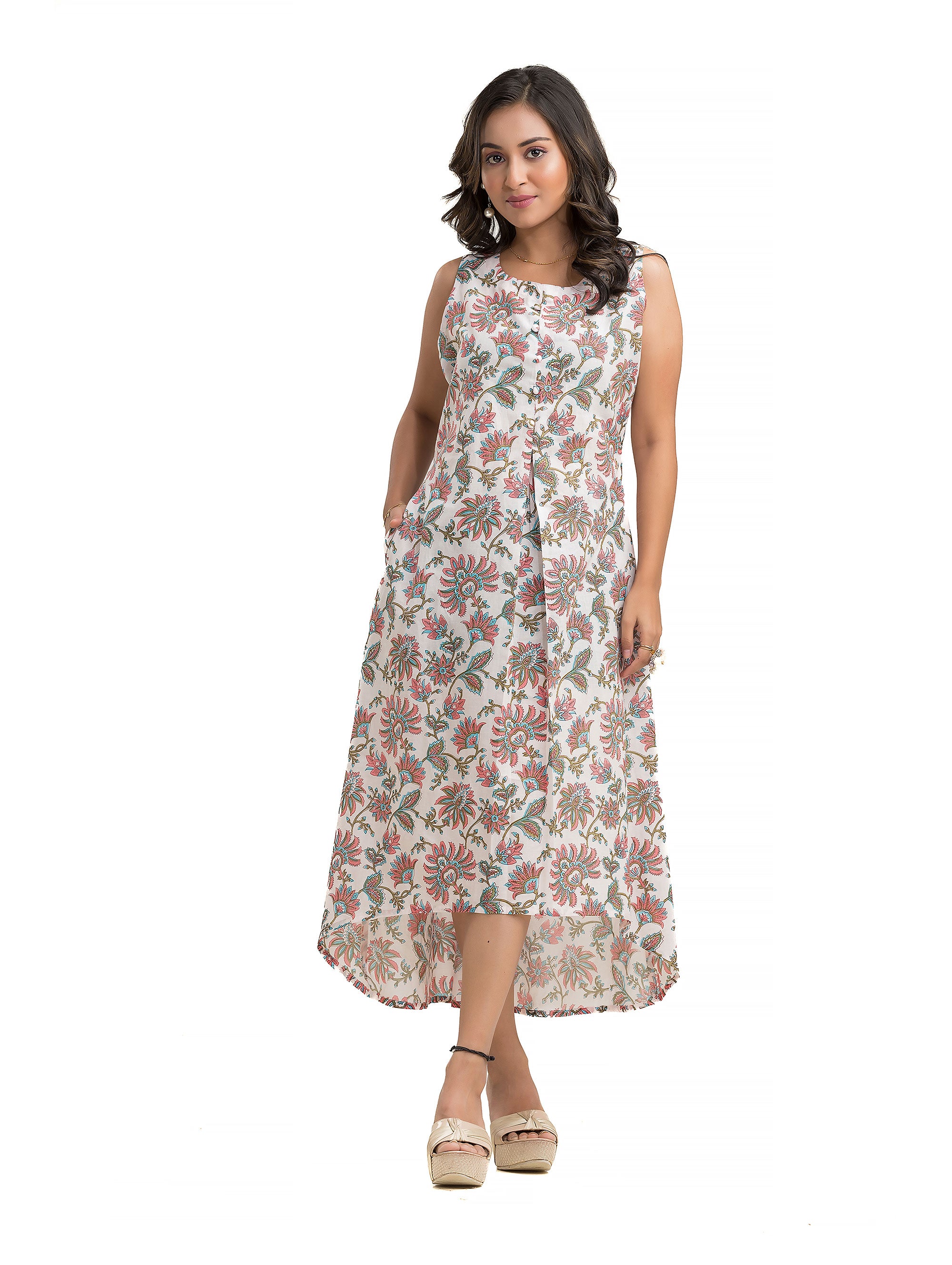 White Pink Floral Dress with Assymmetric Hem Line
