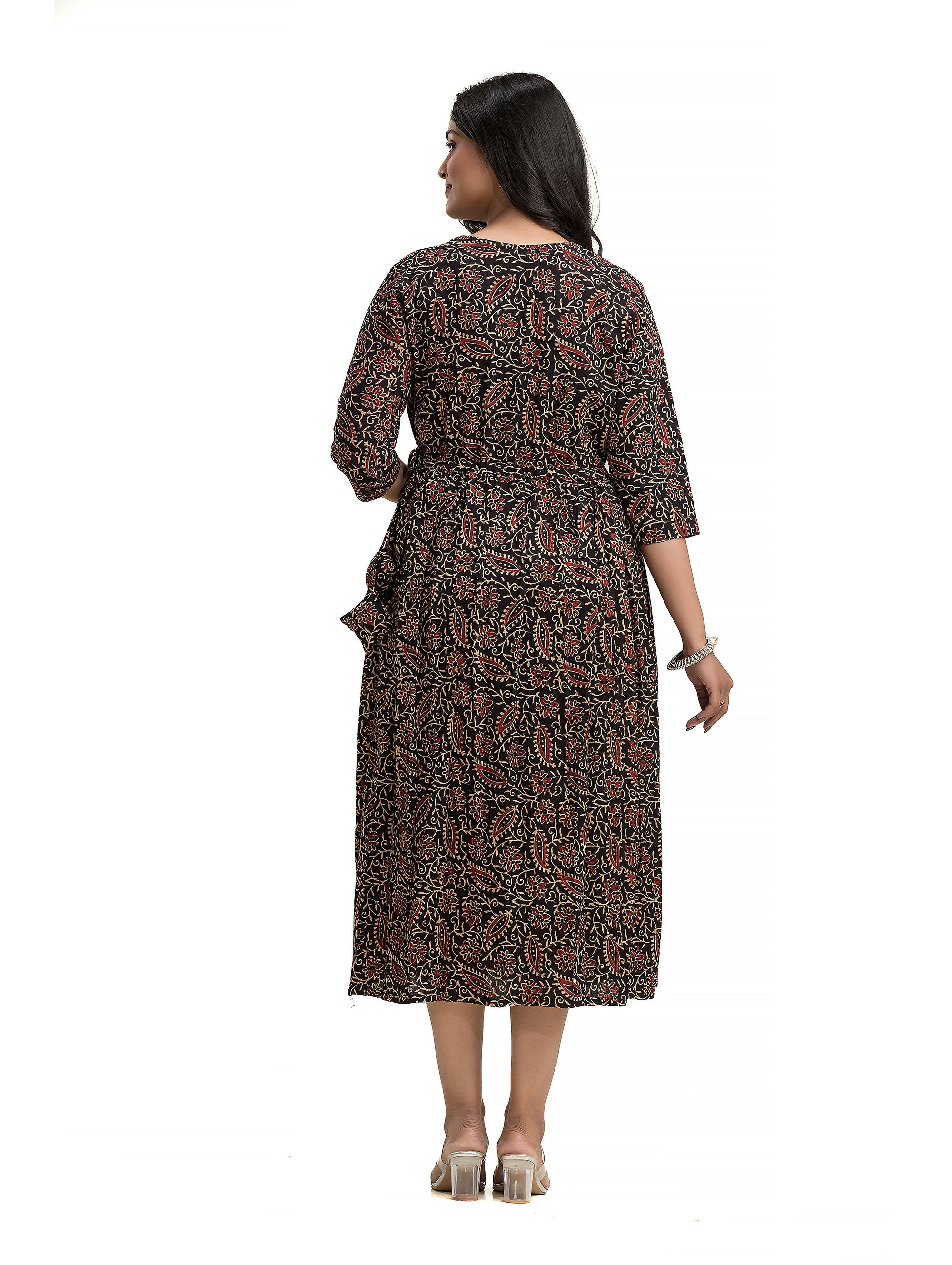 Ajrakh Black Frock Dress with Wooden Button and Adjustable Draw String