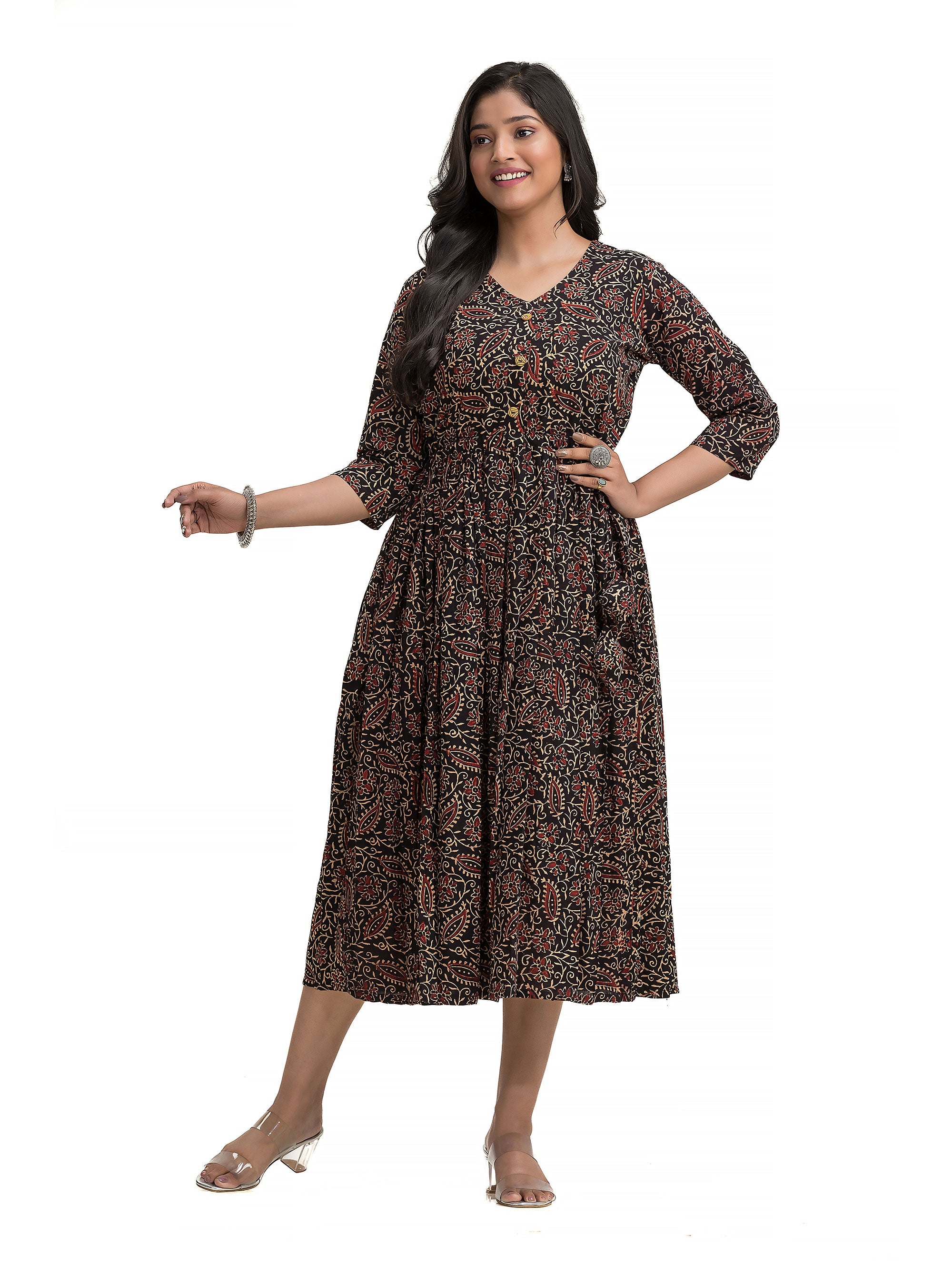 Ajrakh Black Frock Dress with Wooden Button and Adjustable Draw String