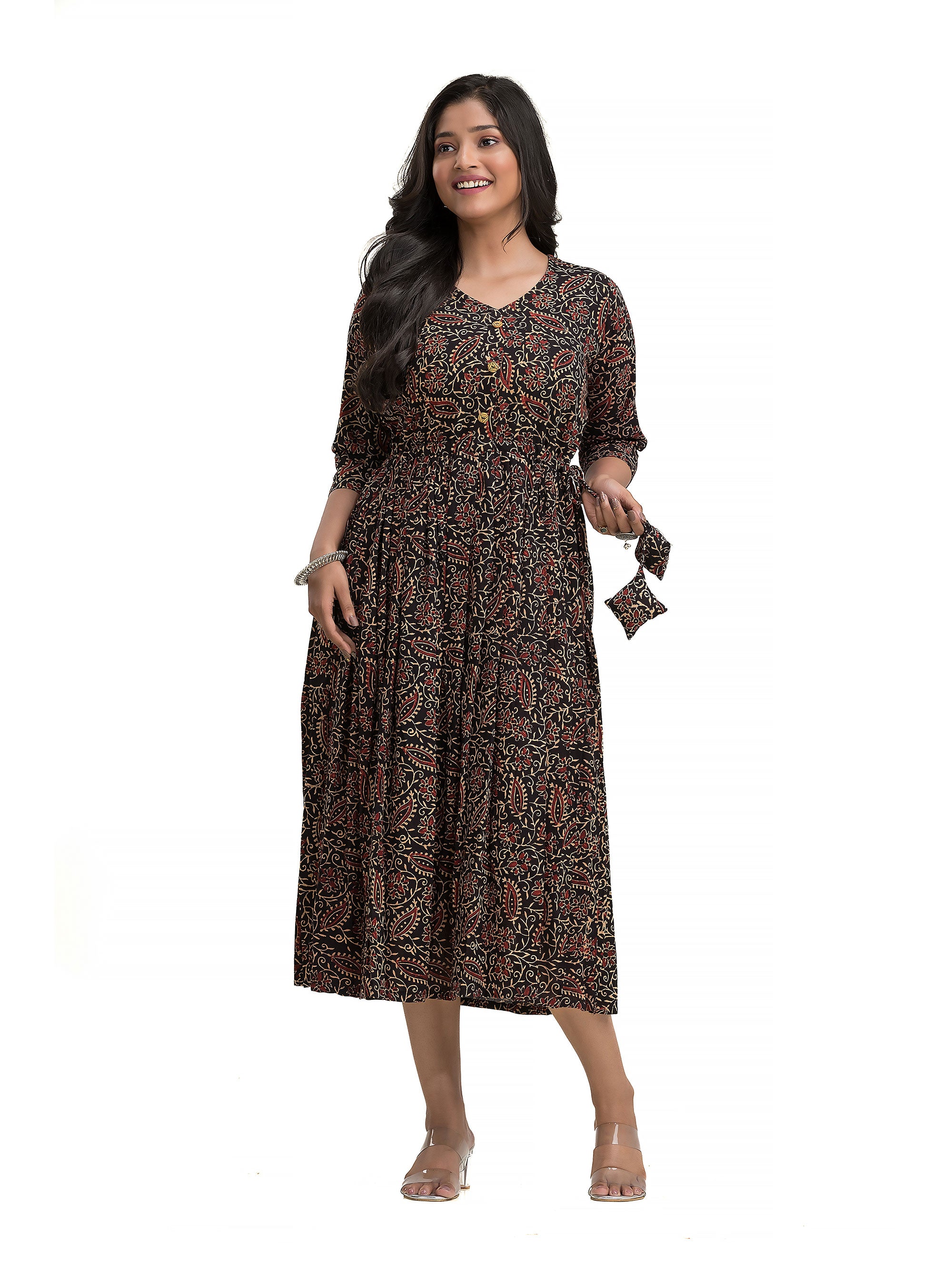 Ajrakh Black Frock Dress with Wooden Button and Adjustable Draw String