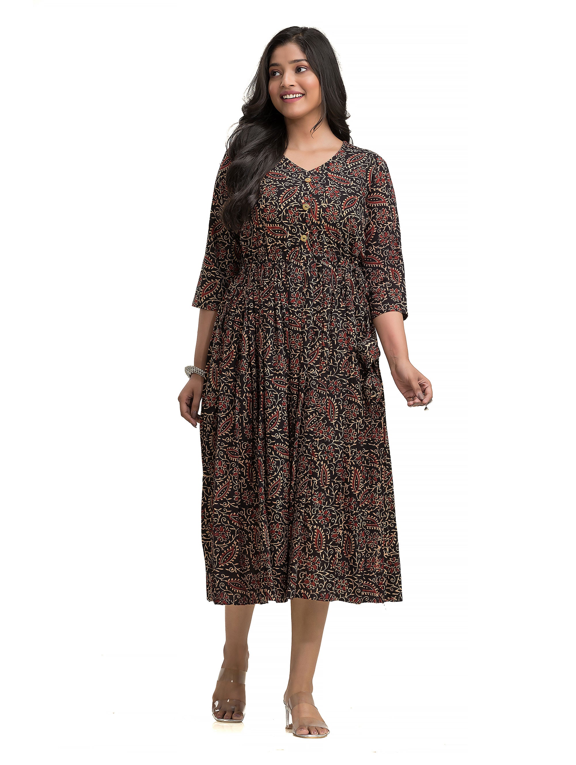 Ajrakh Black Frock Dress with Wooden Button and Adjustable Draw String