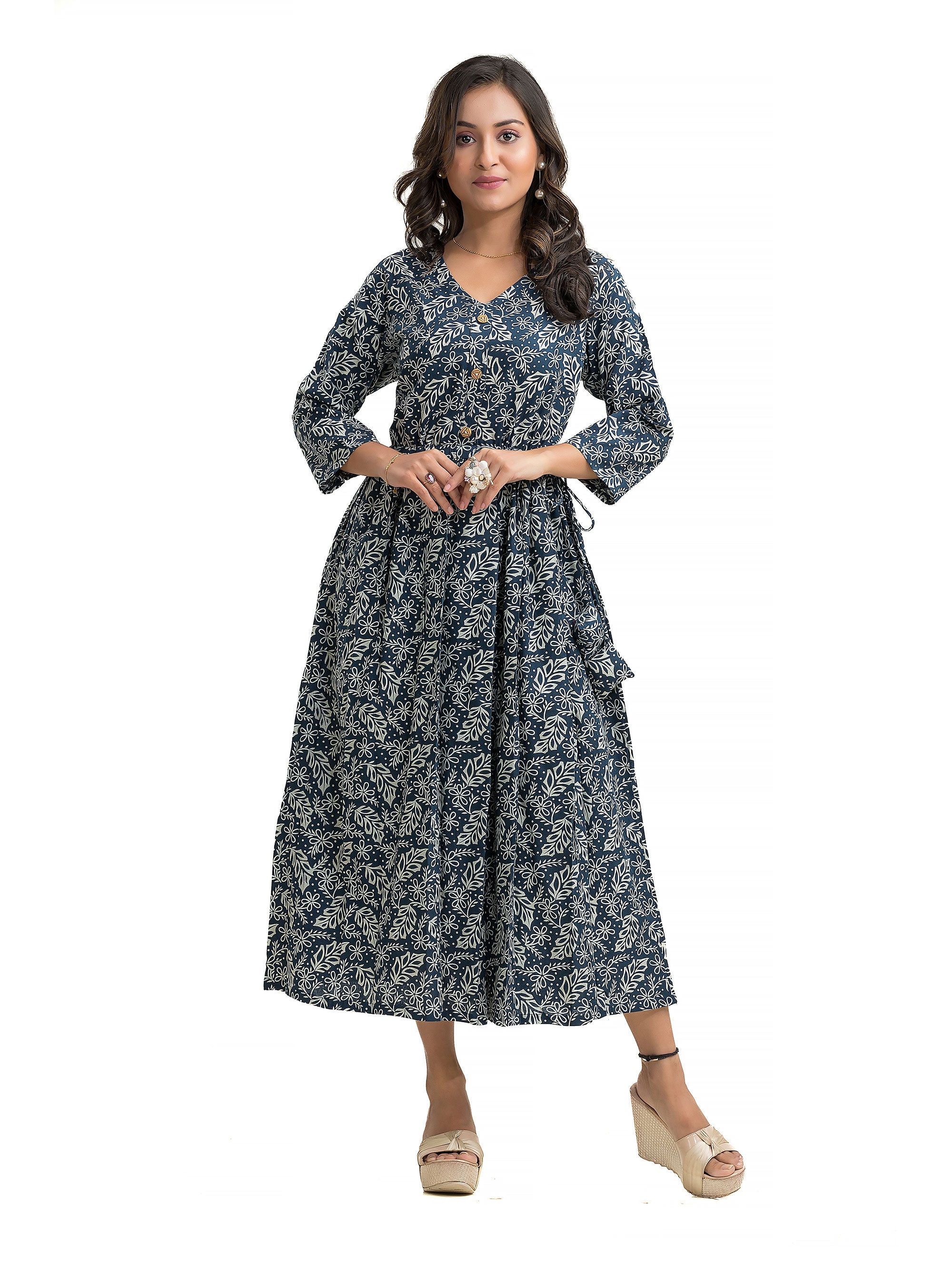 V-Neck Indigo Hand Block Dress