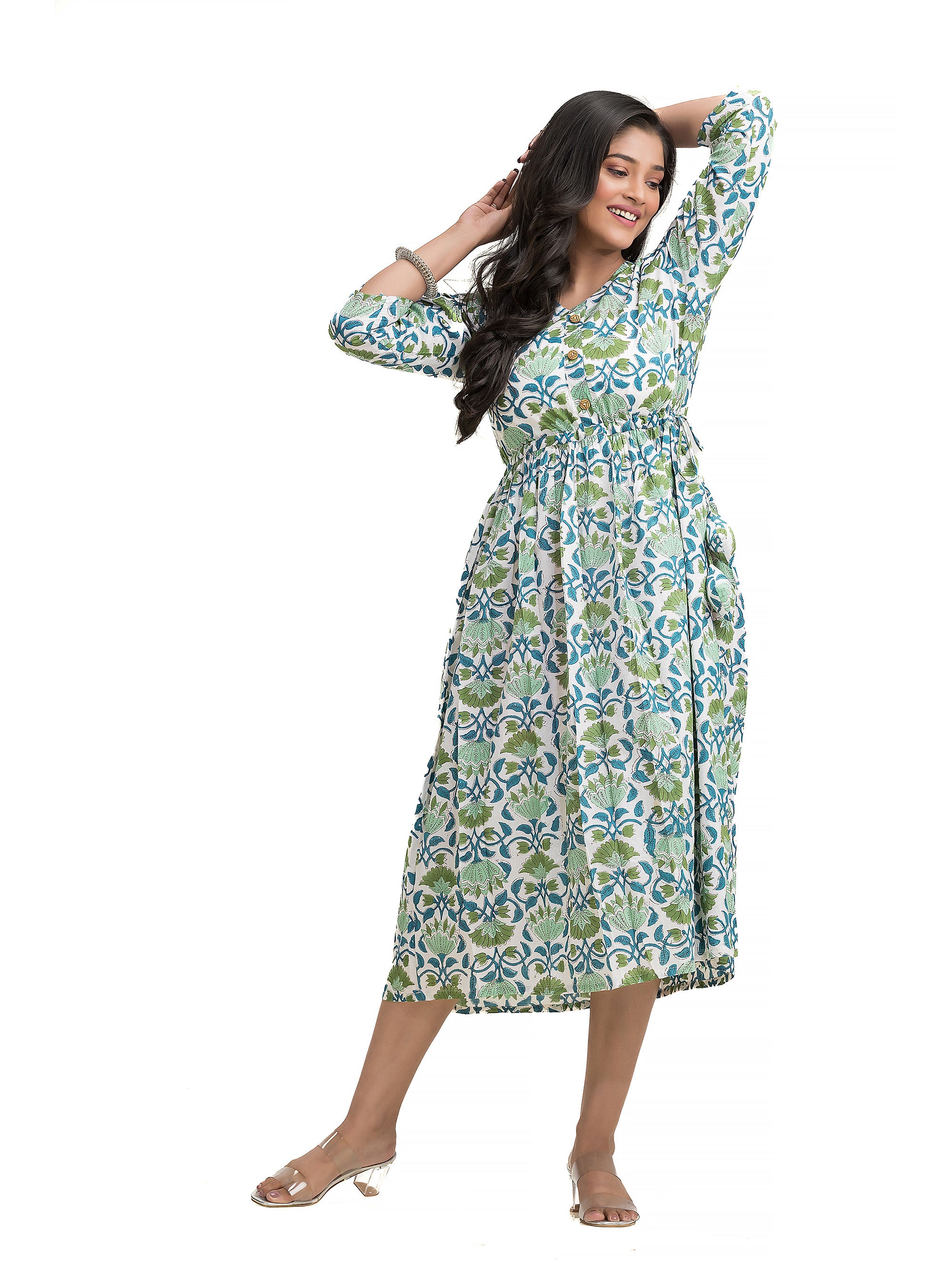 Sanganeri Hand Block Dress with Adjustable Draw String