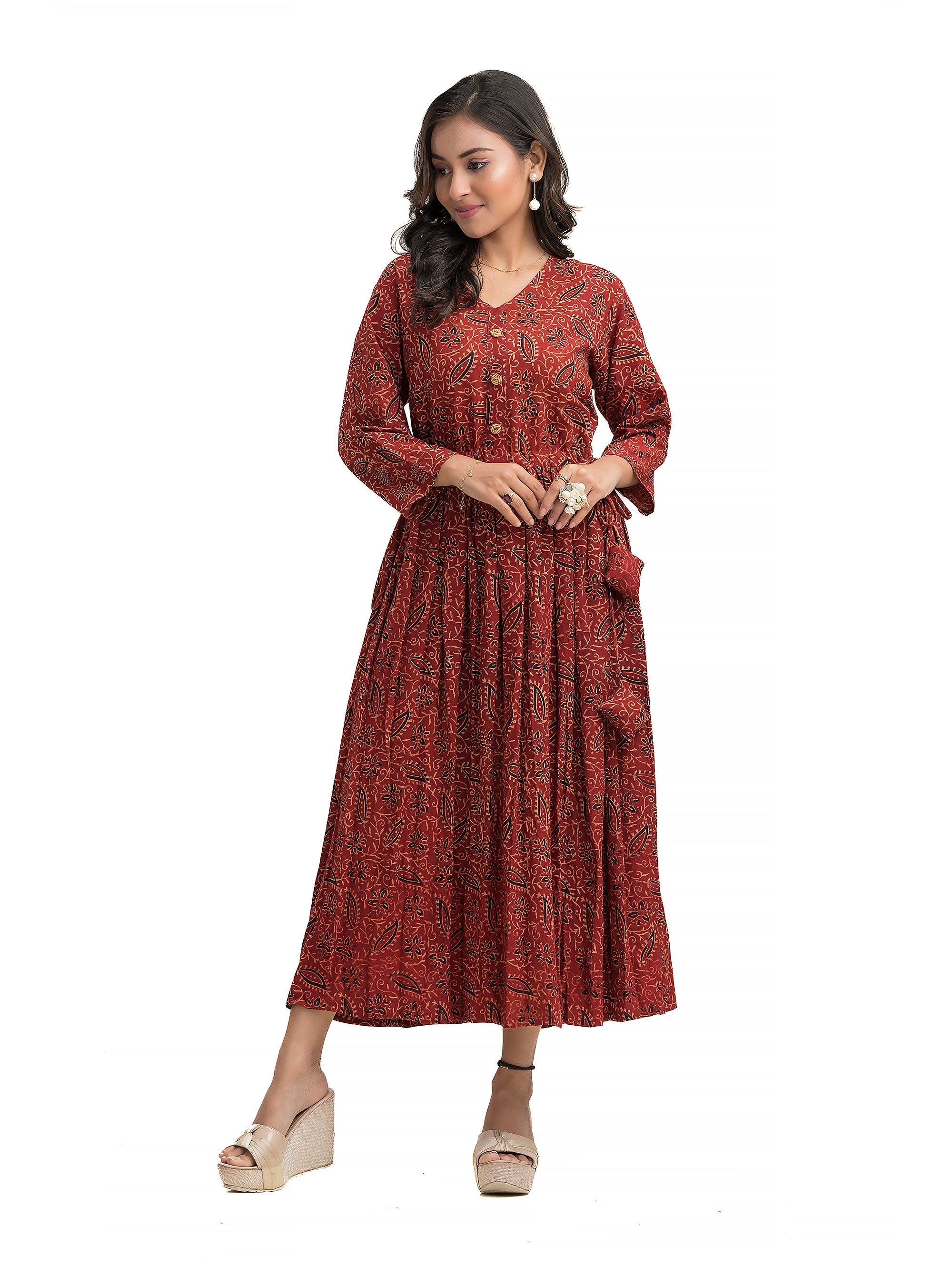 Ajrakh Maroon Frock Dress with Wooden Button and Adjustable Draw String