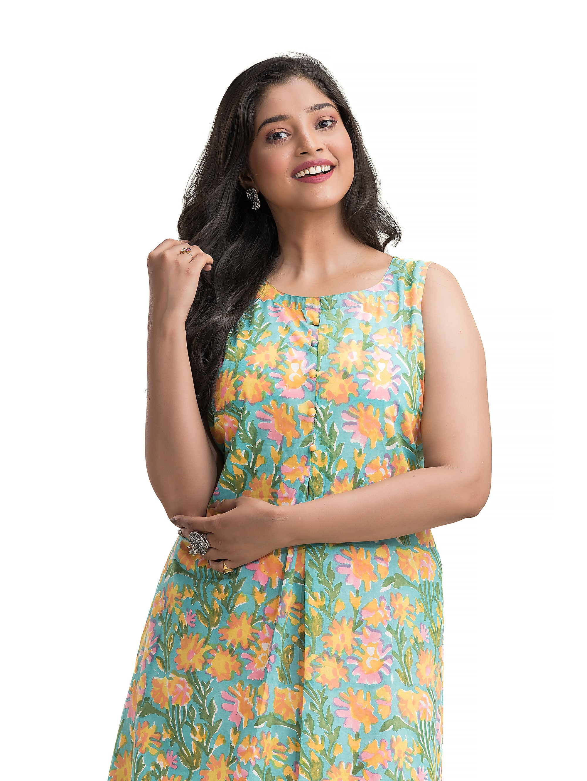 Sanganeri Hand Block Dress with Front Pleat