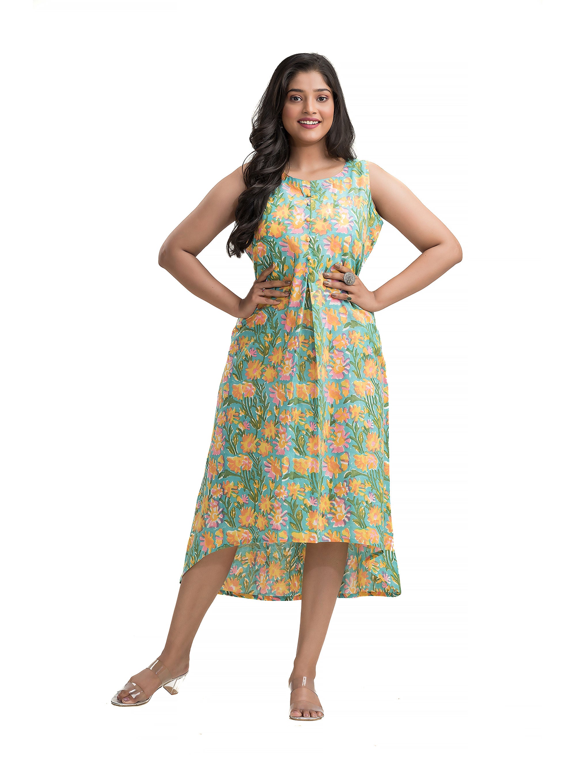 Sanganeri Hand Block Dress with Front Pleat