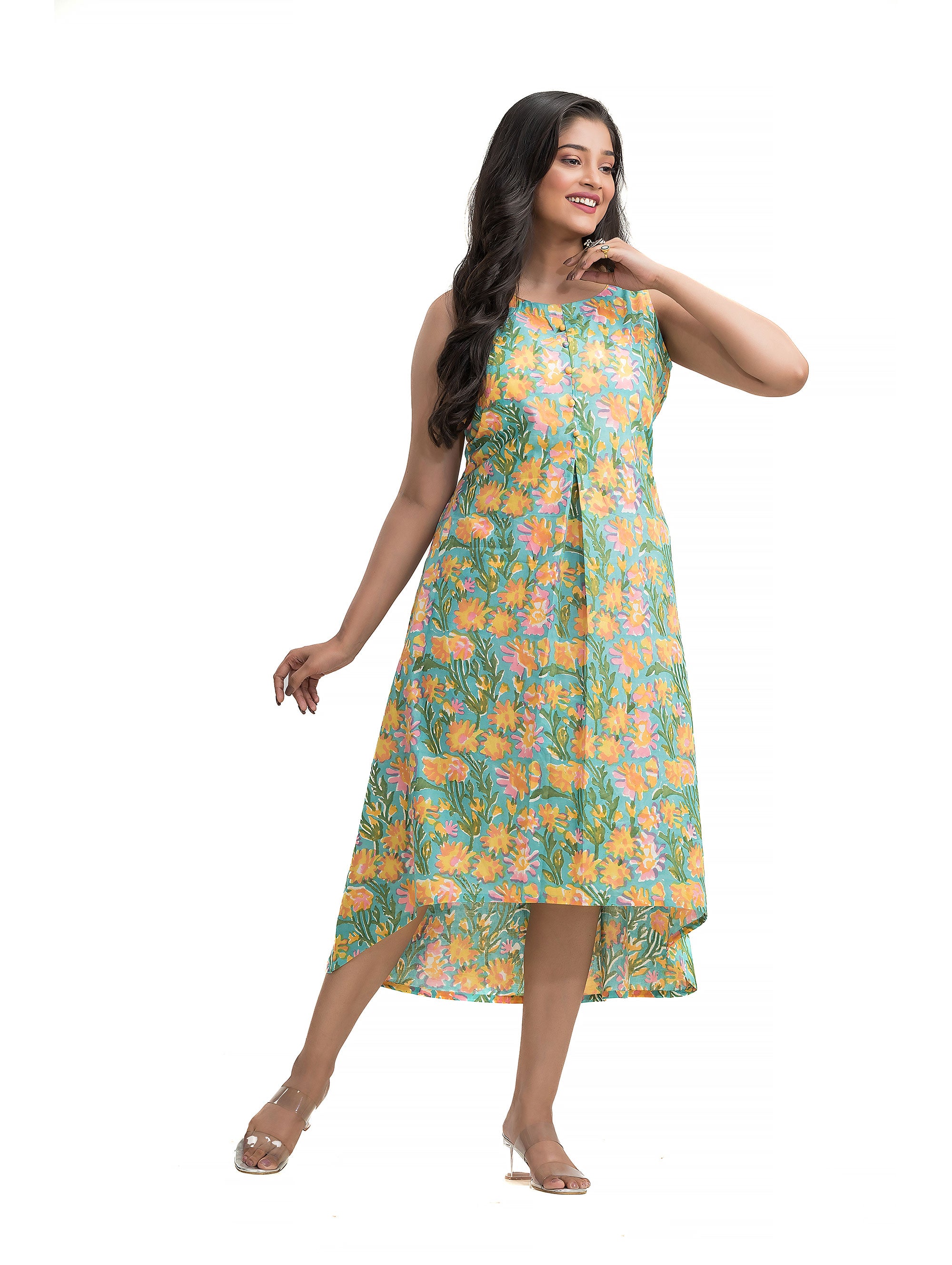 Sanganeri Hand Block Dress with Front Pleat