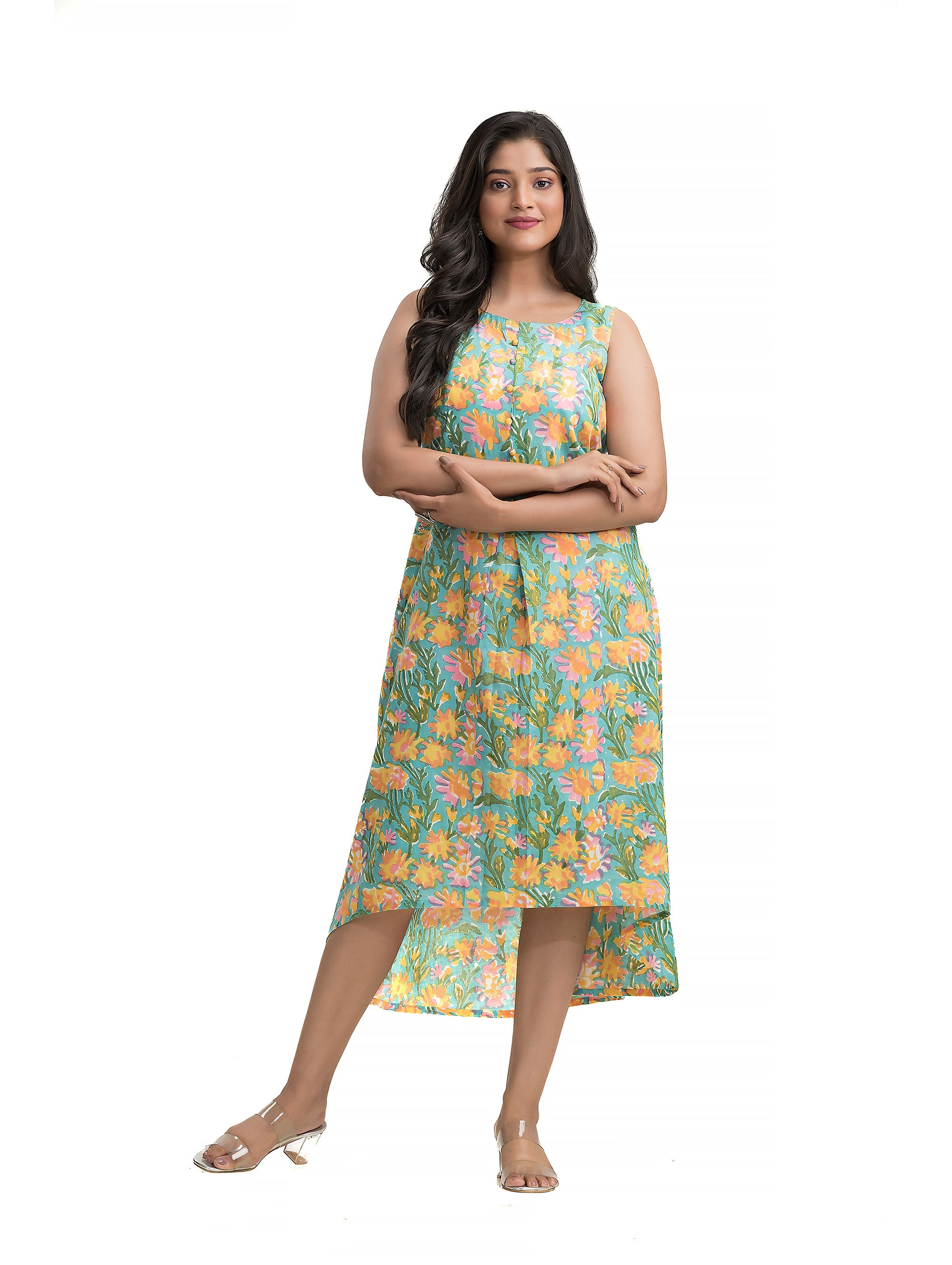 Sanganeri Hand Block Dress with Front Pleat