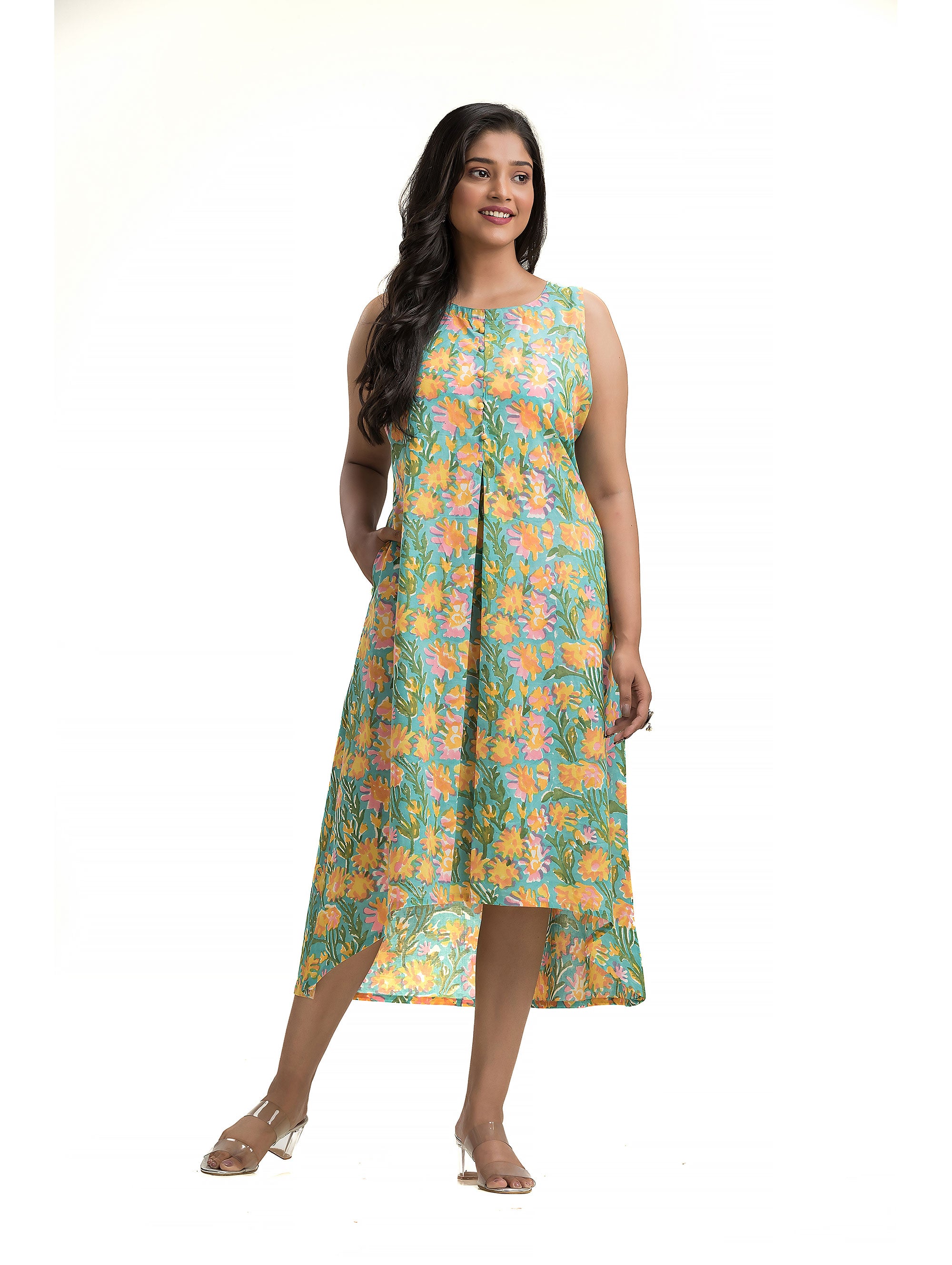 Sanganeri Hand Block Dress with Front Pleat
