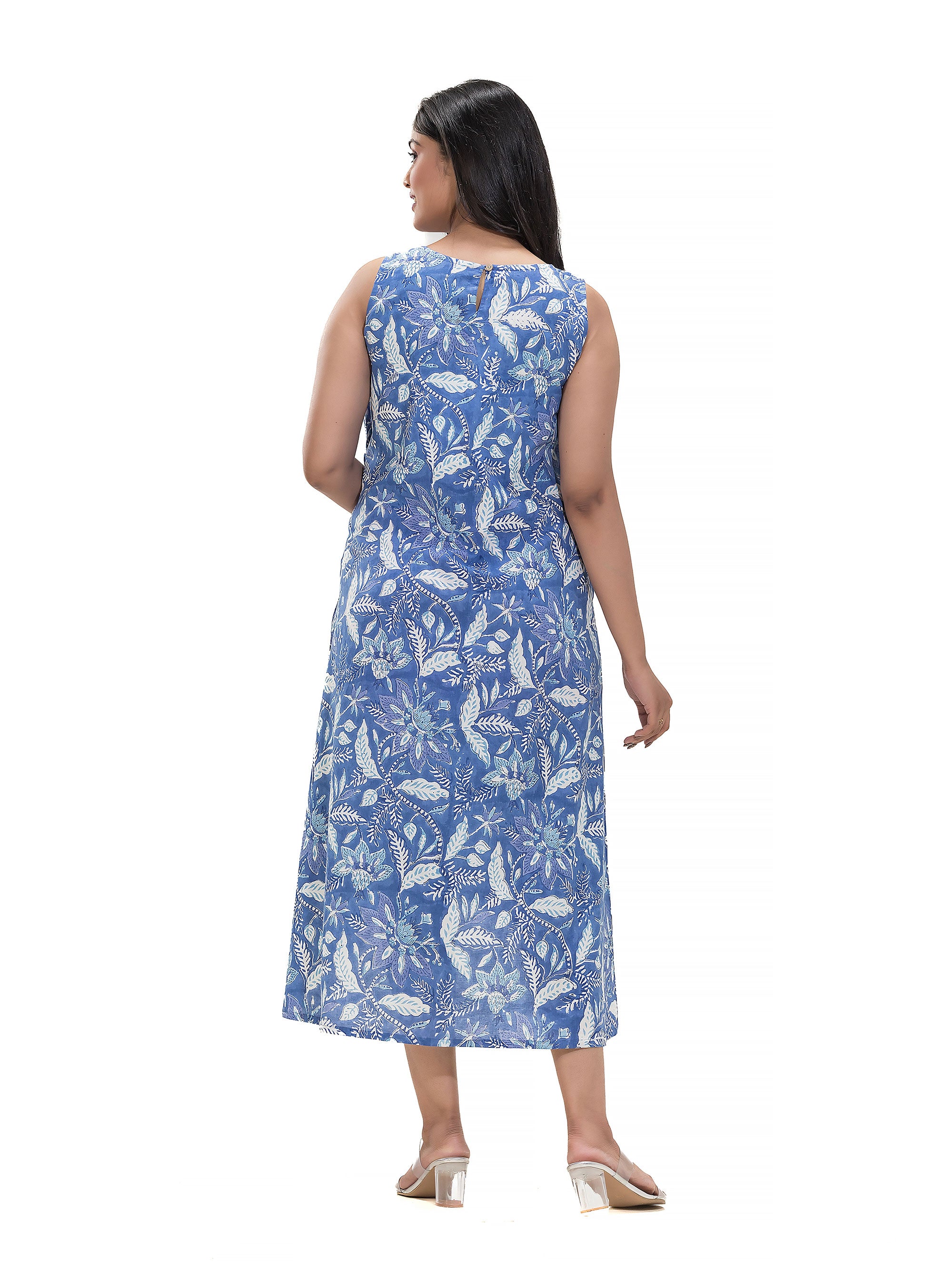 Blue Sanganeri Print Fish Cut Dress