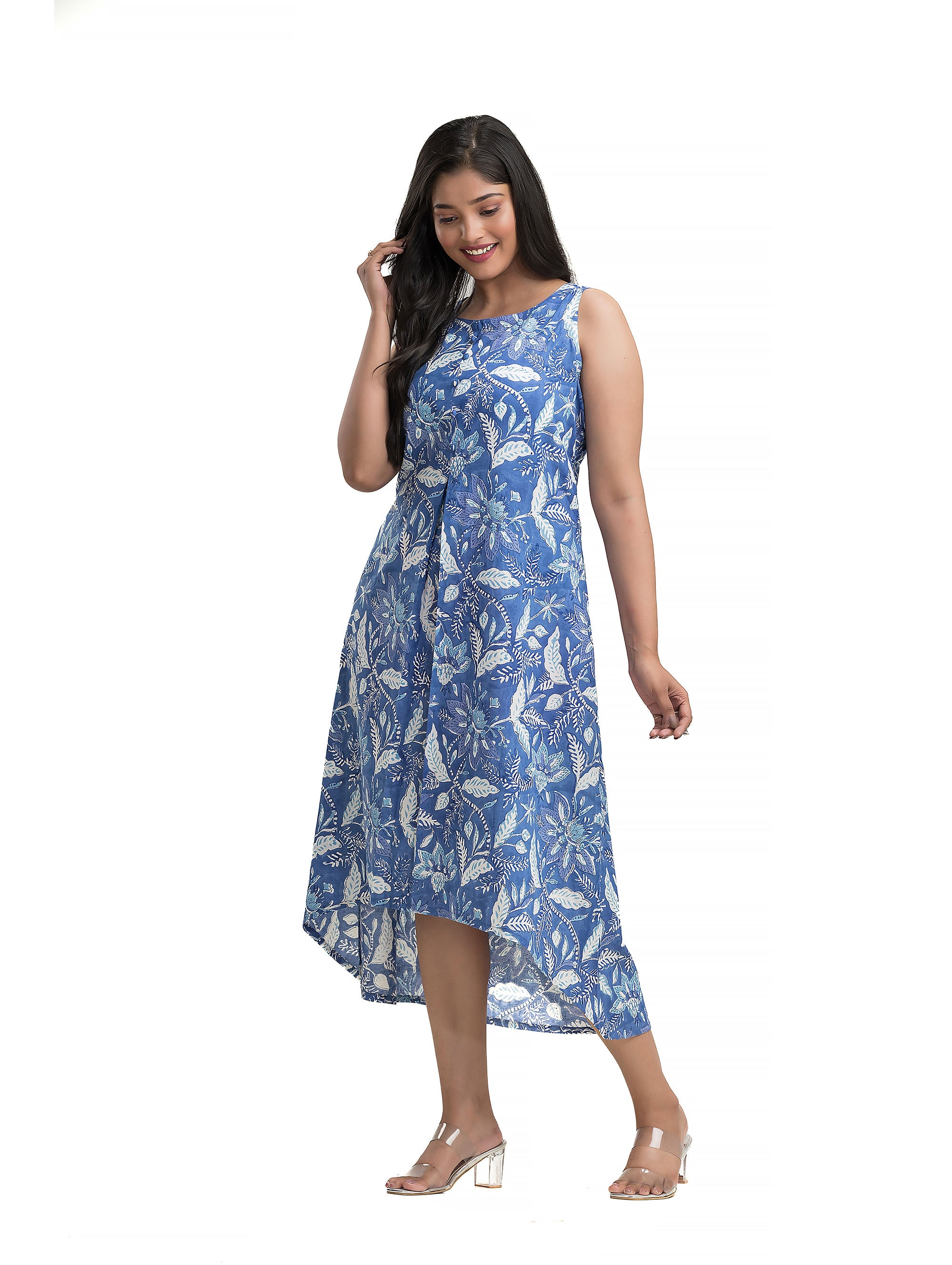 Blue Sanganeri Print Fish Cut Dress