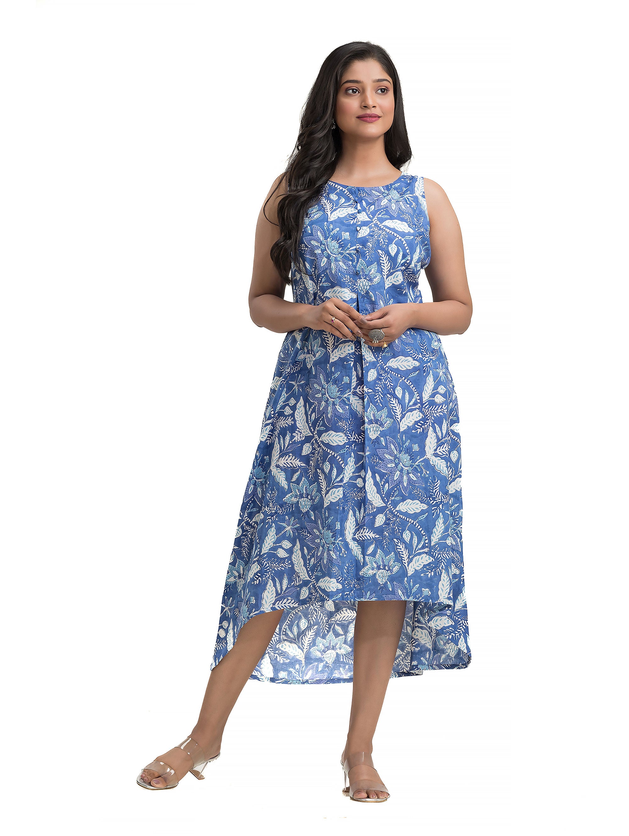 Blue Sanganeri Print Fish Cut Dress