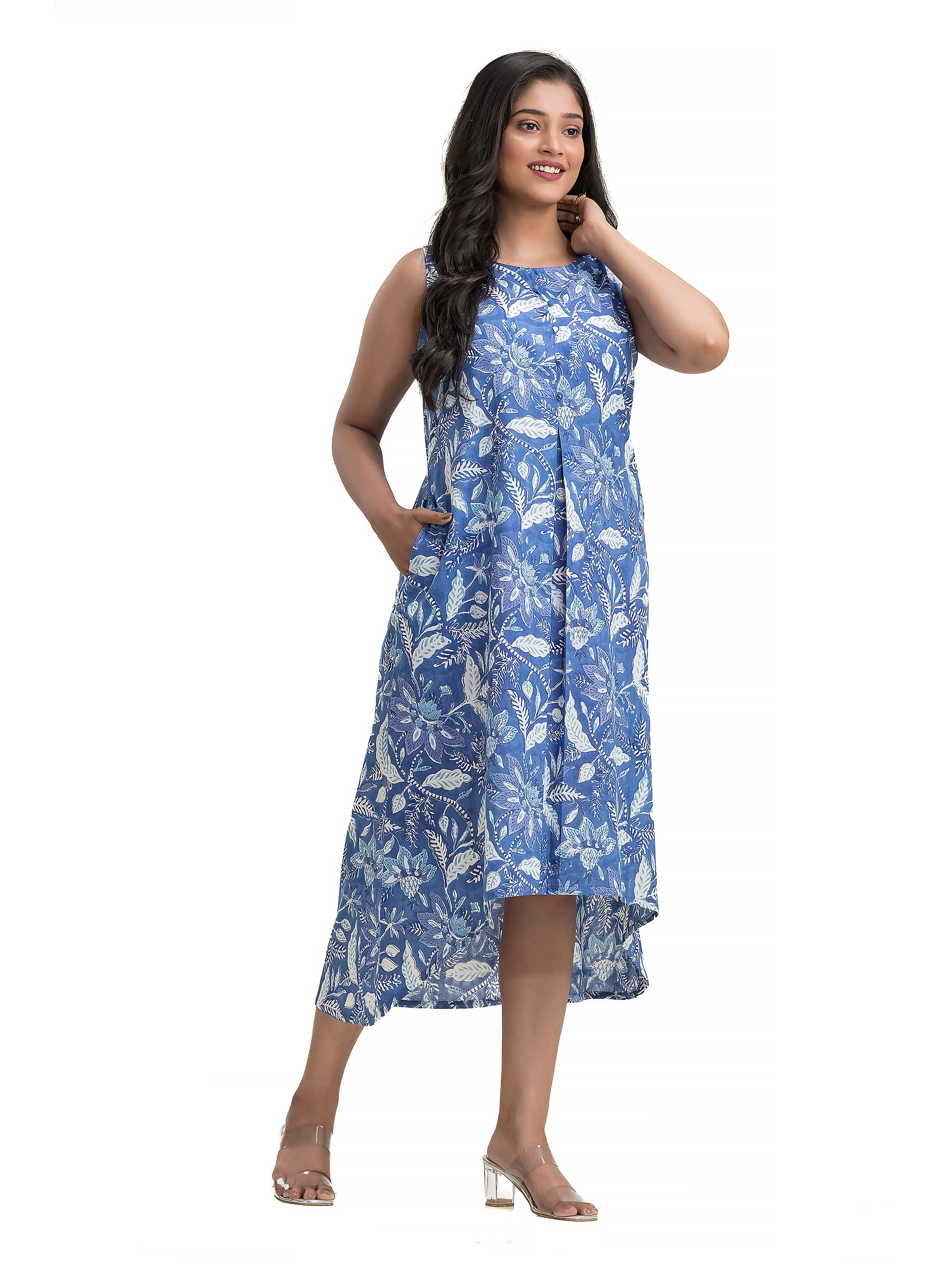 Blue Sanganeri Print Fish Cut Dress