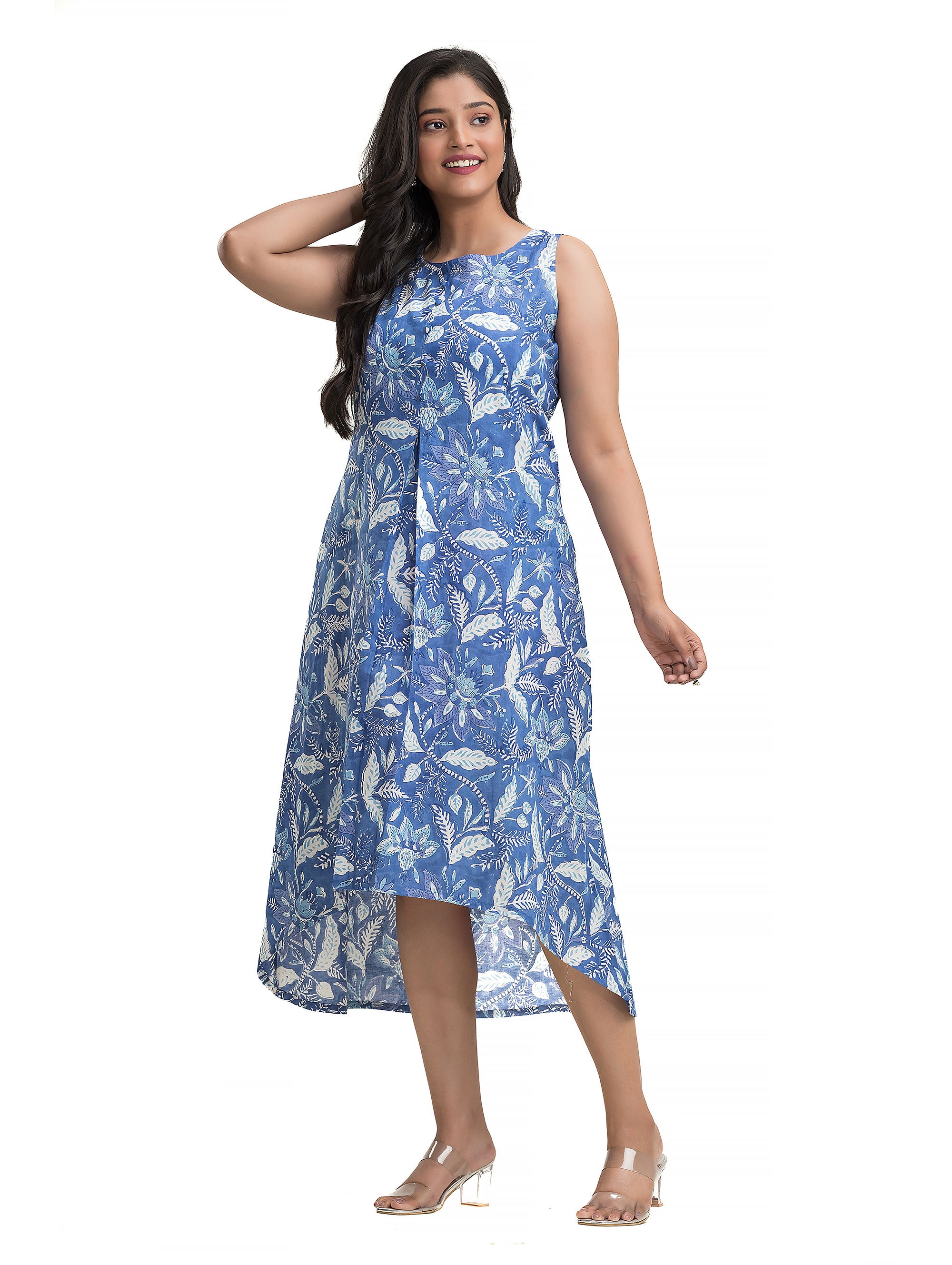 Blue Sanganeri Print Fish Cut Dress