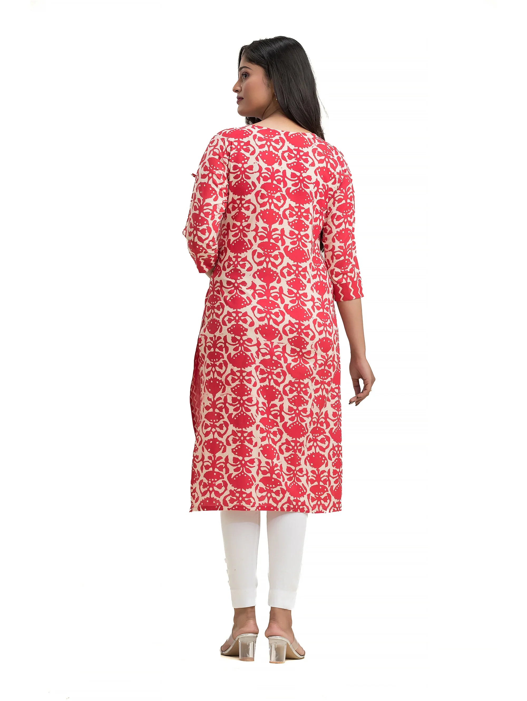 Red Hand Blocked Dabu Printed Angaraksha Pattern Straight Kurti