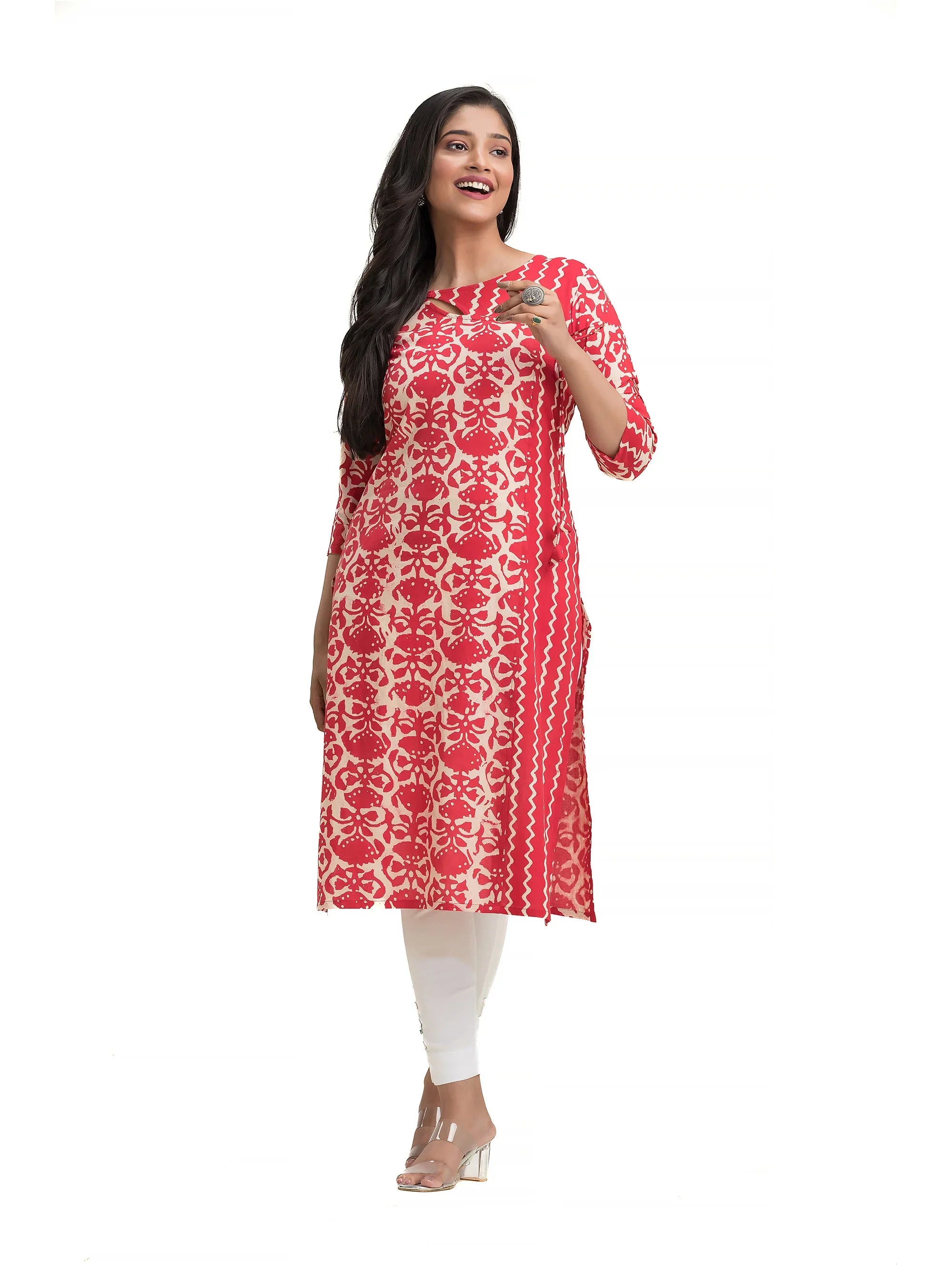 Red Hand Blocked Dabu Printed Angaraksha Pattern Straight Kurti
