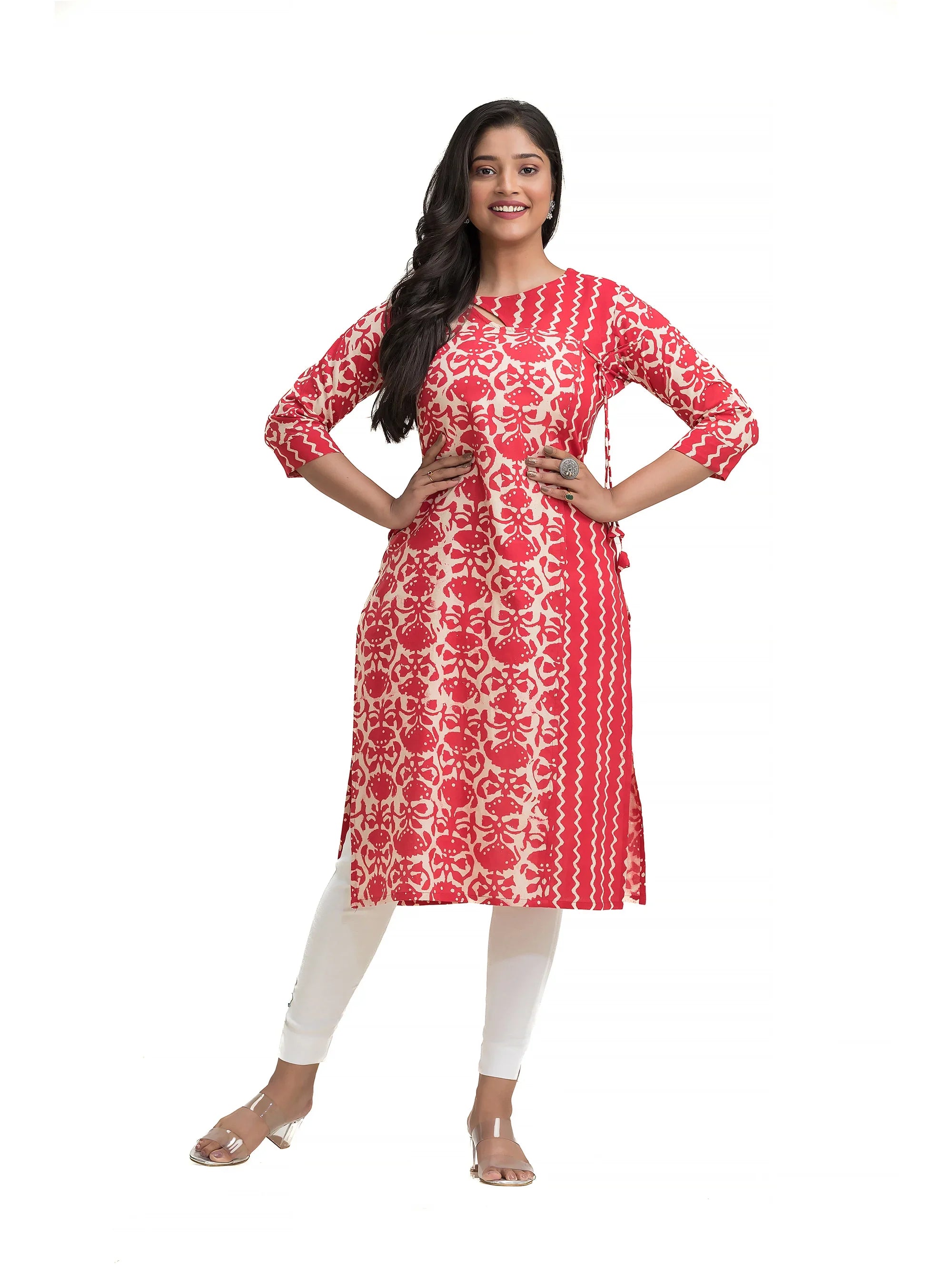 Red Hand Blocked Dabu Printed Angaraksha Pattern Straight Kurti
