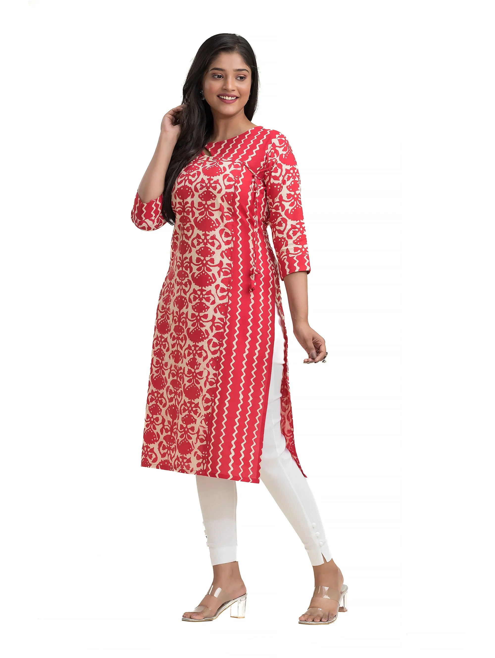 Red Hand Blocked Dabu Printed Angaraksha Pattern Straight Kurti