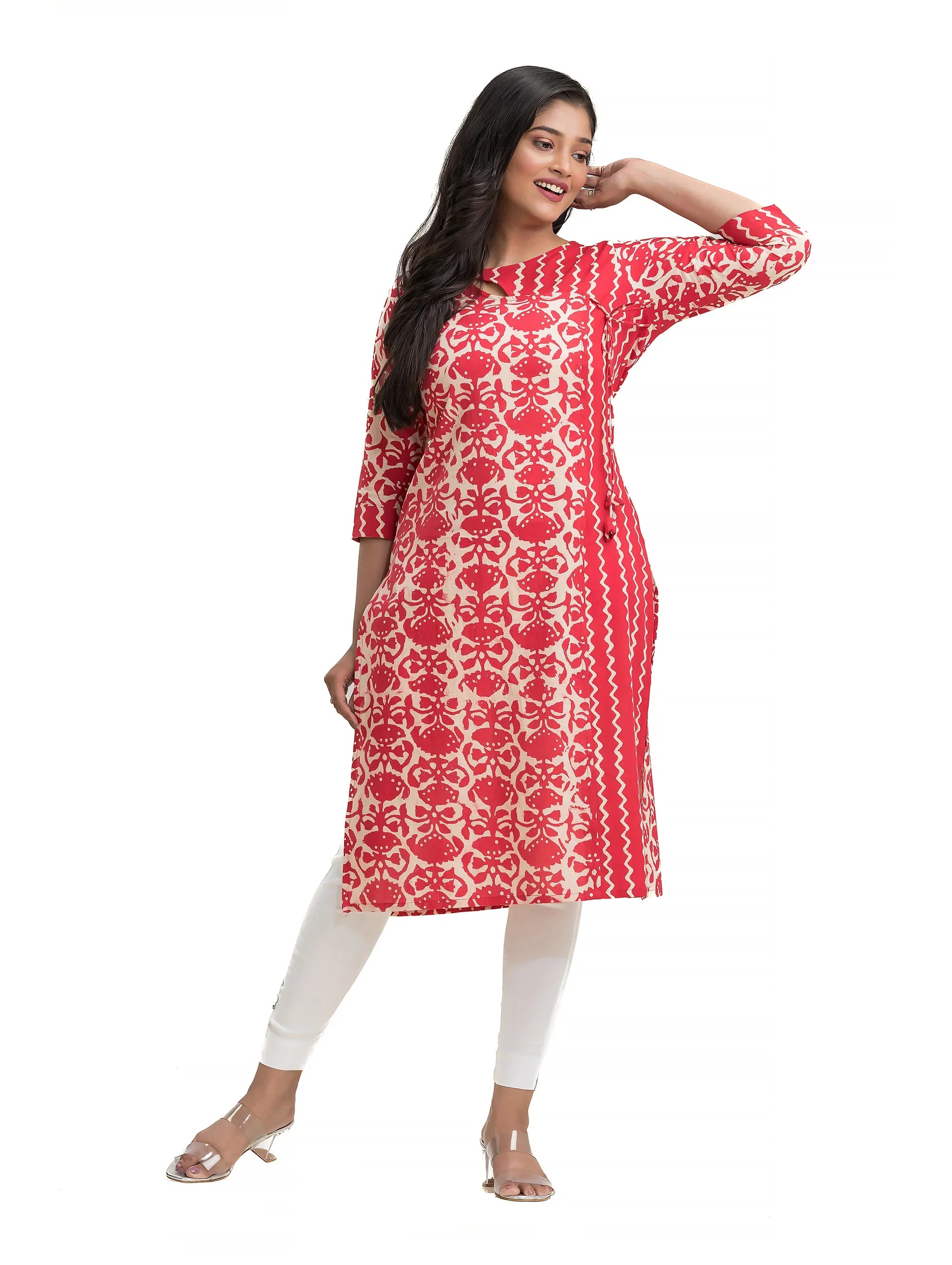 Red Hand Blocked Dabu Printed Angaraksha Pattern Straight Kurti