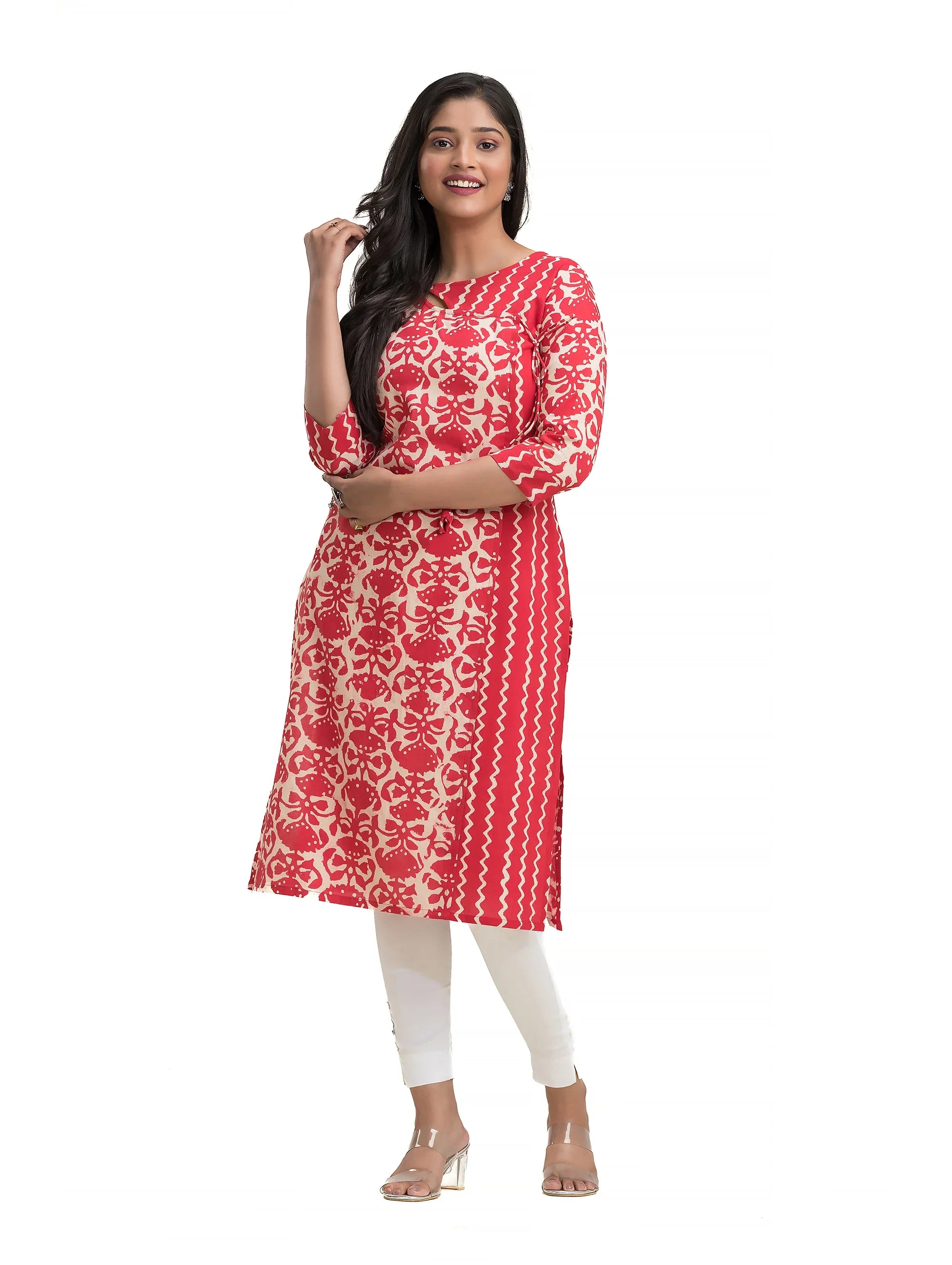 Red Hand Blocked Dabu Printed Angaraksha Pattern Straight Kurti