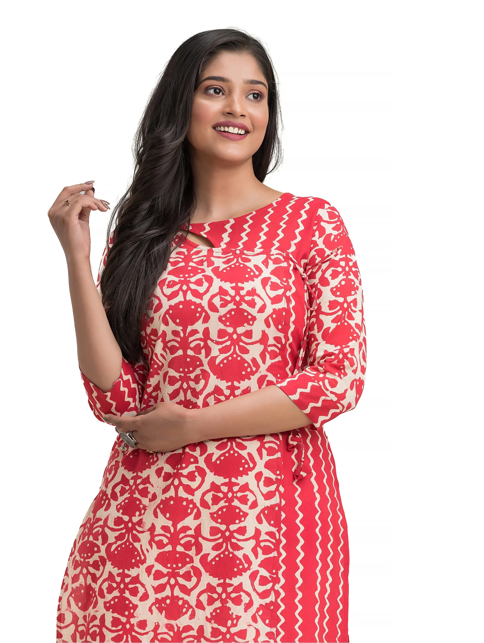 Red Hand Blocked Dabu Printed Angaraksha Pattern Straight Kurti