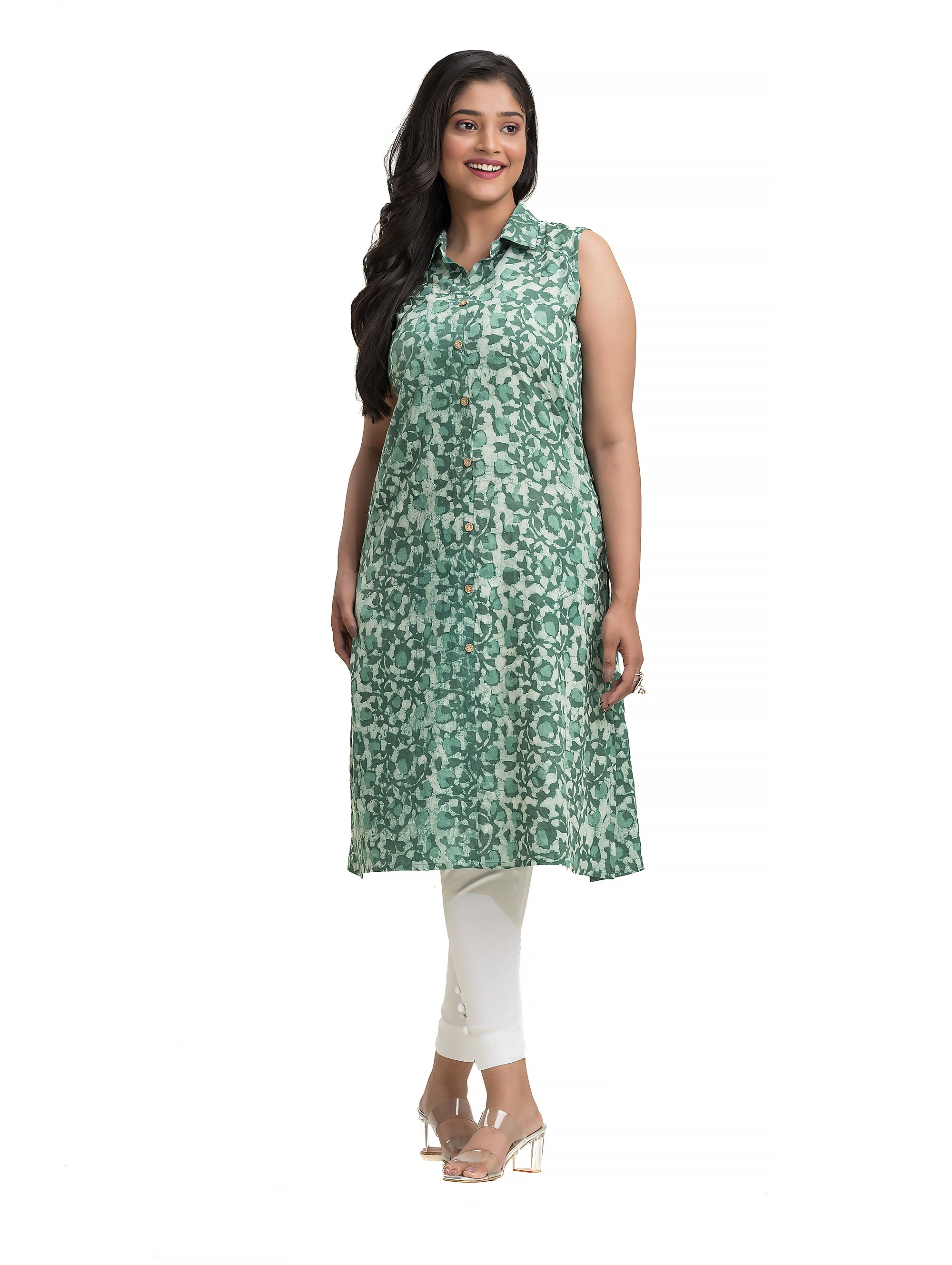 A-Line Dabu Printed Collar Kurti with Wooden Button