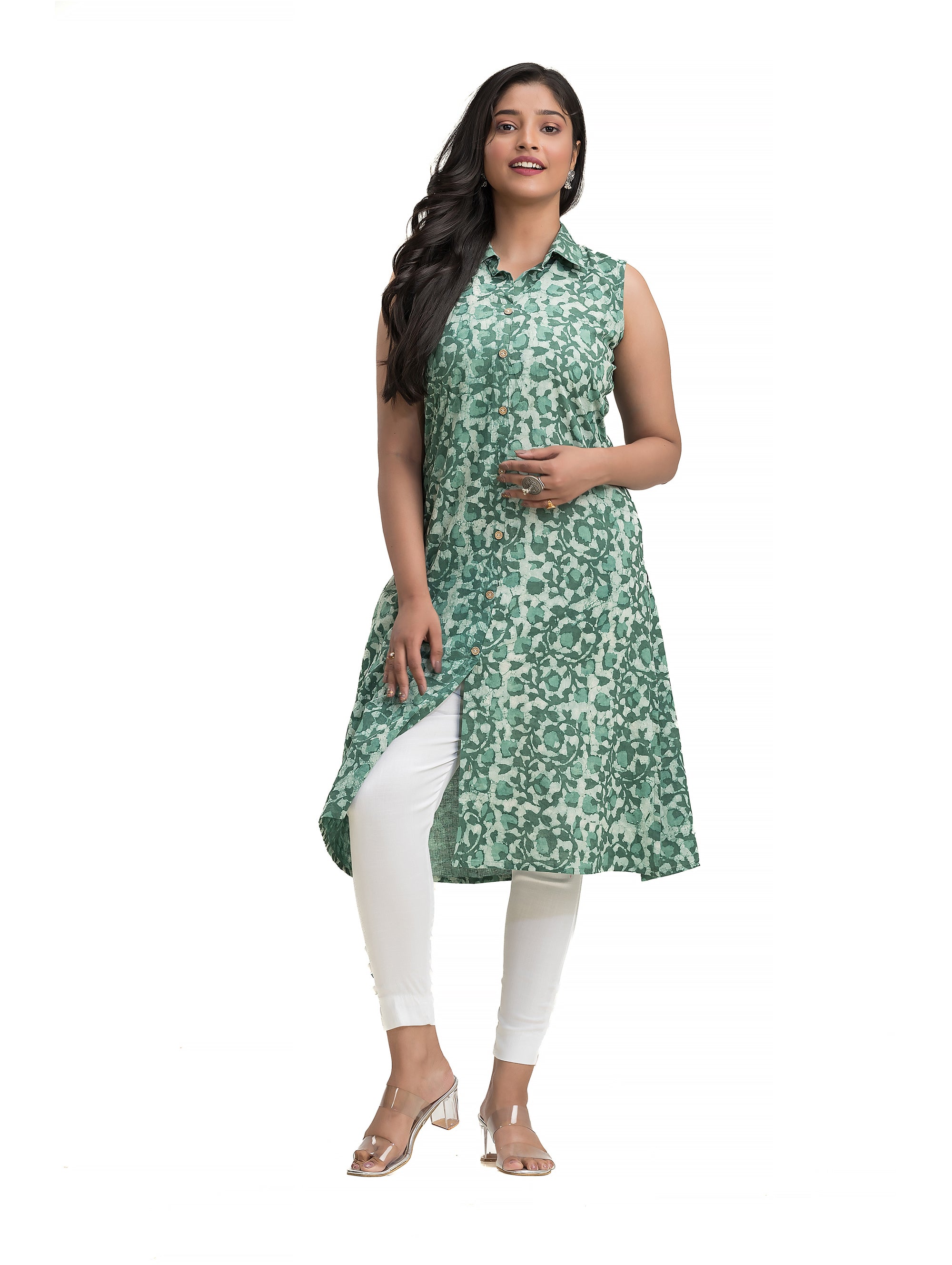 A-Line Dabu Printed Collar Kurti with Wooden Button