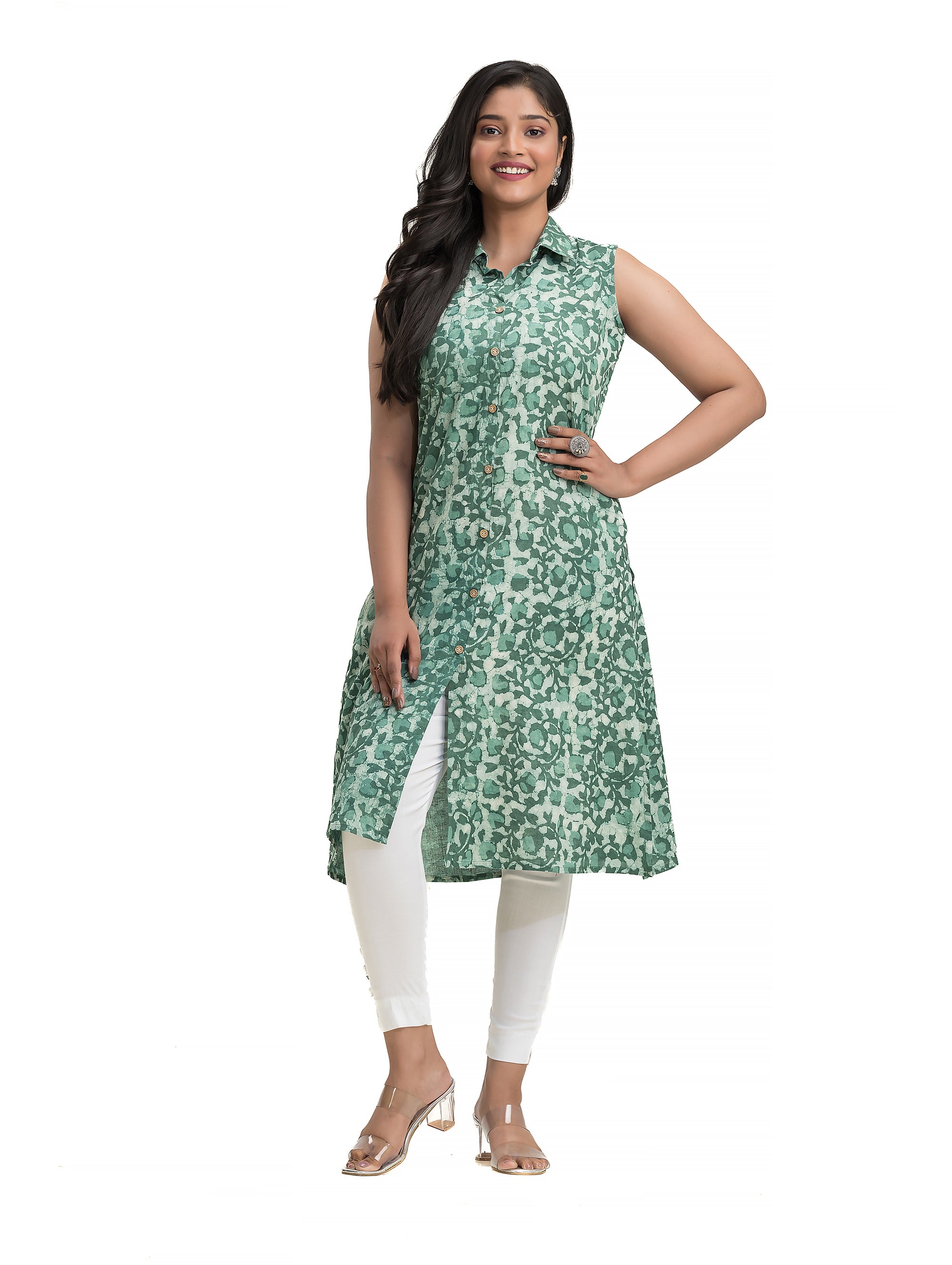 A-Line Dabu Printed Collar Kurti with Wooden Button