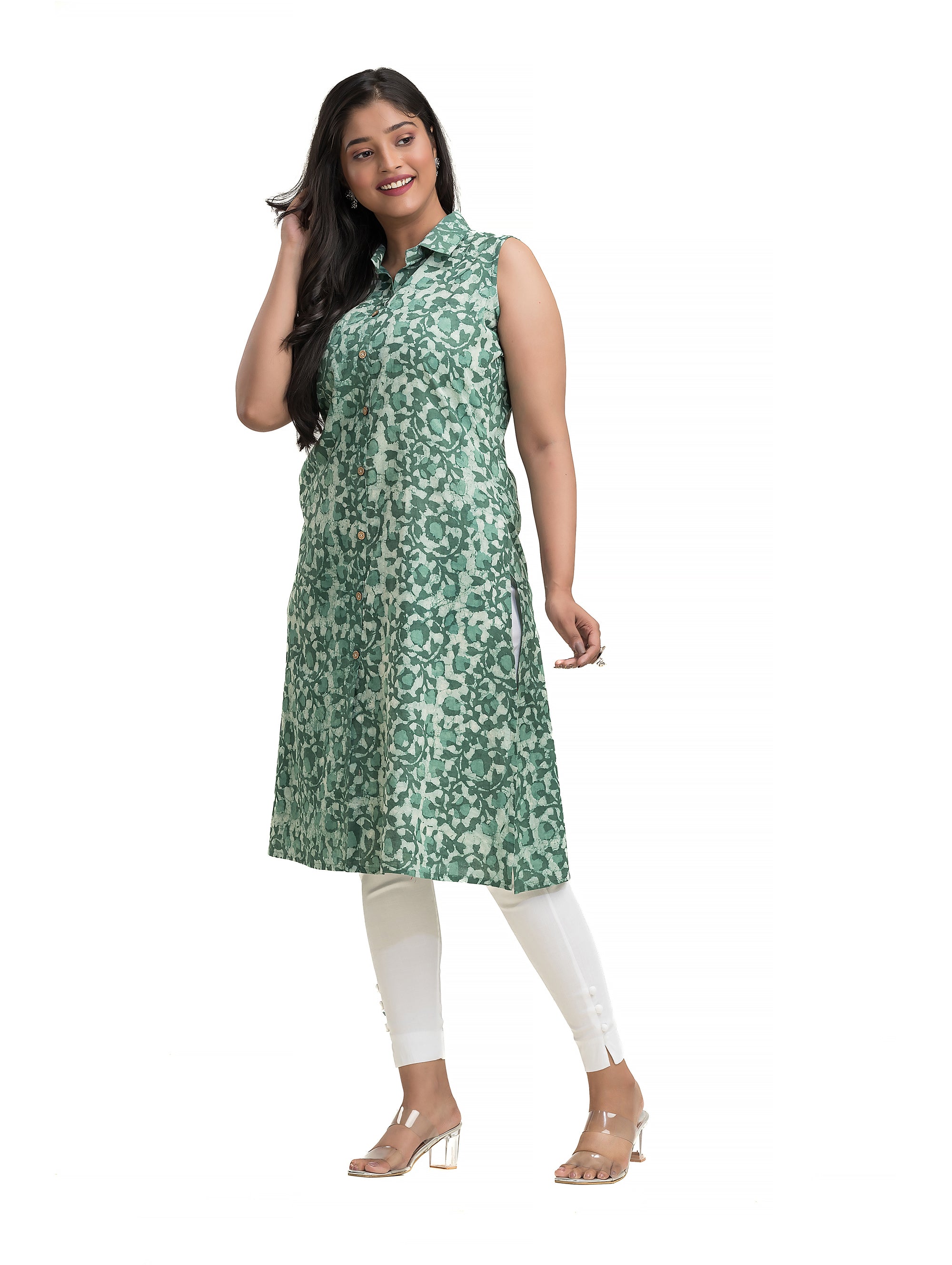 A-Line Dabu Printed Collar Kurti with Wooden Button