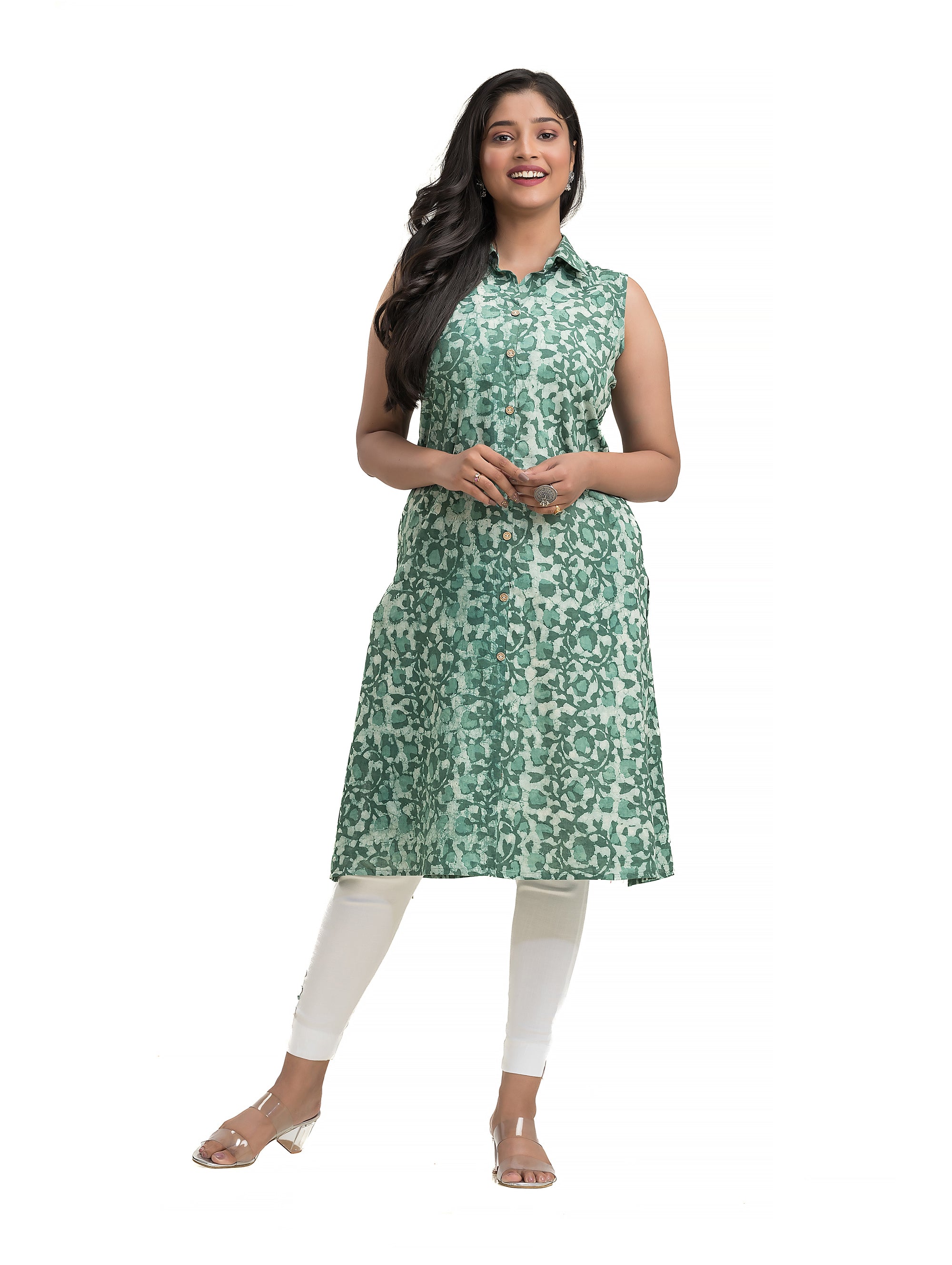 A-Line Dabu Printed Collar Kurti with Wooden Button
