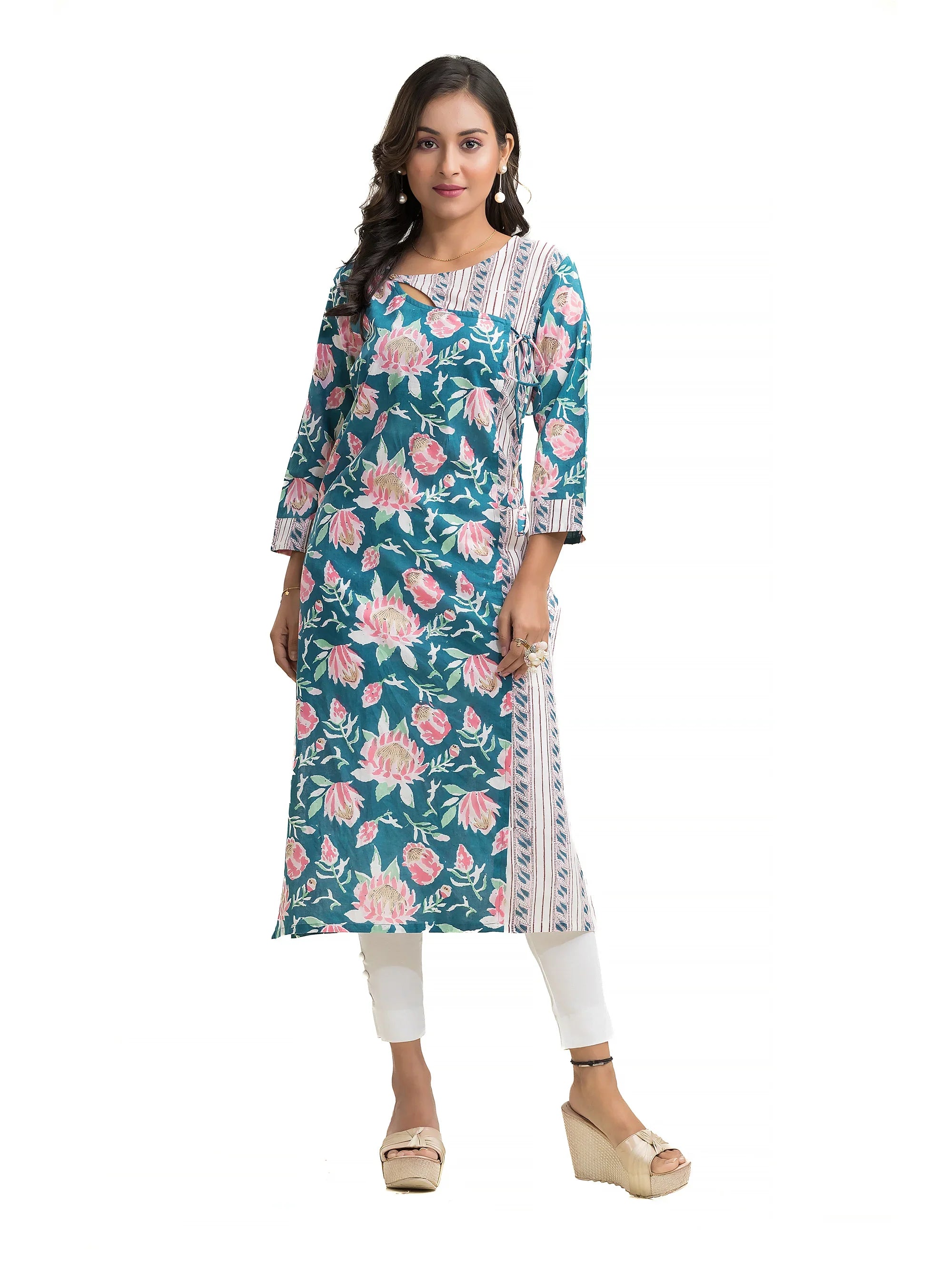 Turquiose Blue Sanganeri Prints Peephole design Angaraksha style Kurti