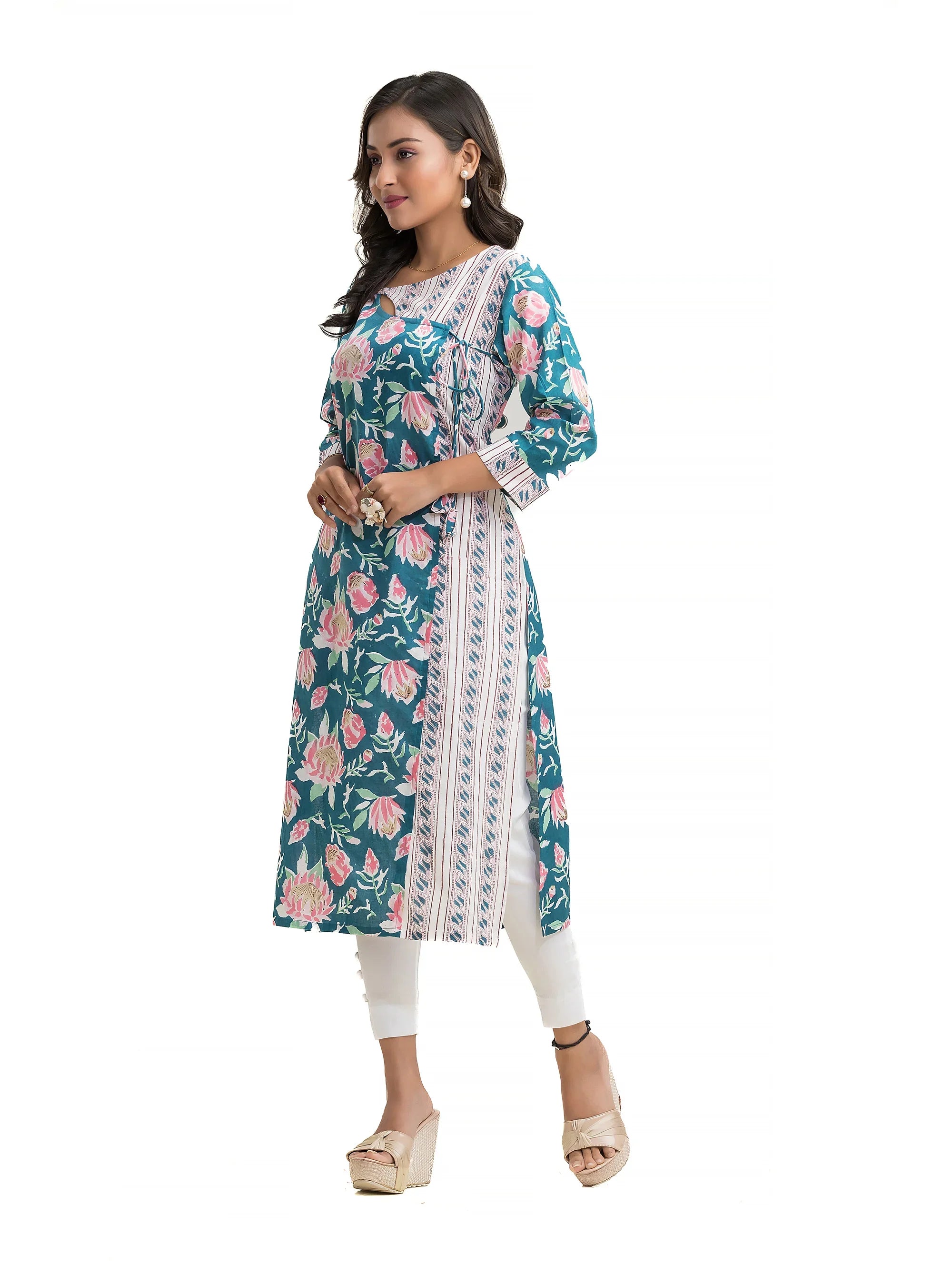 Turquiose Blue Sanganeri Prints Peephole design Angaraksha style Kurti