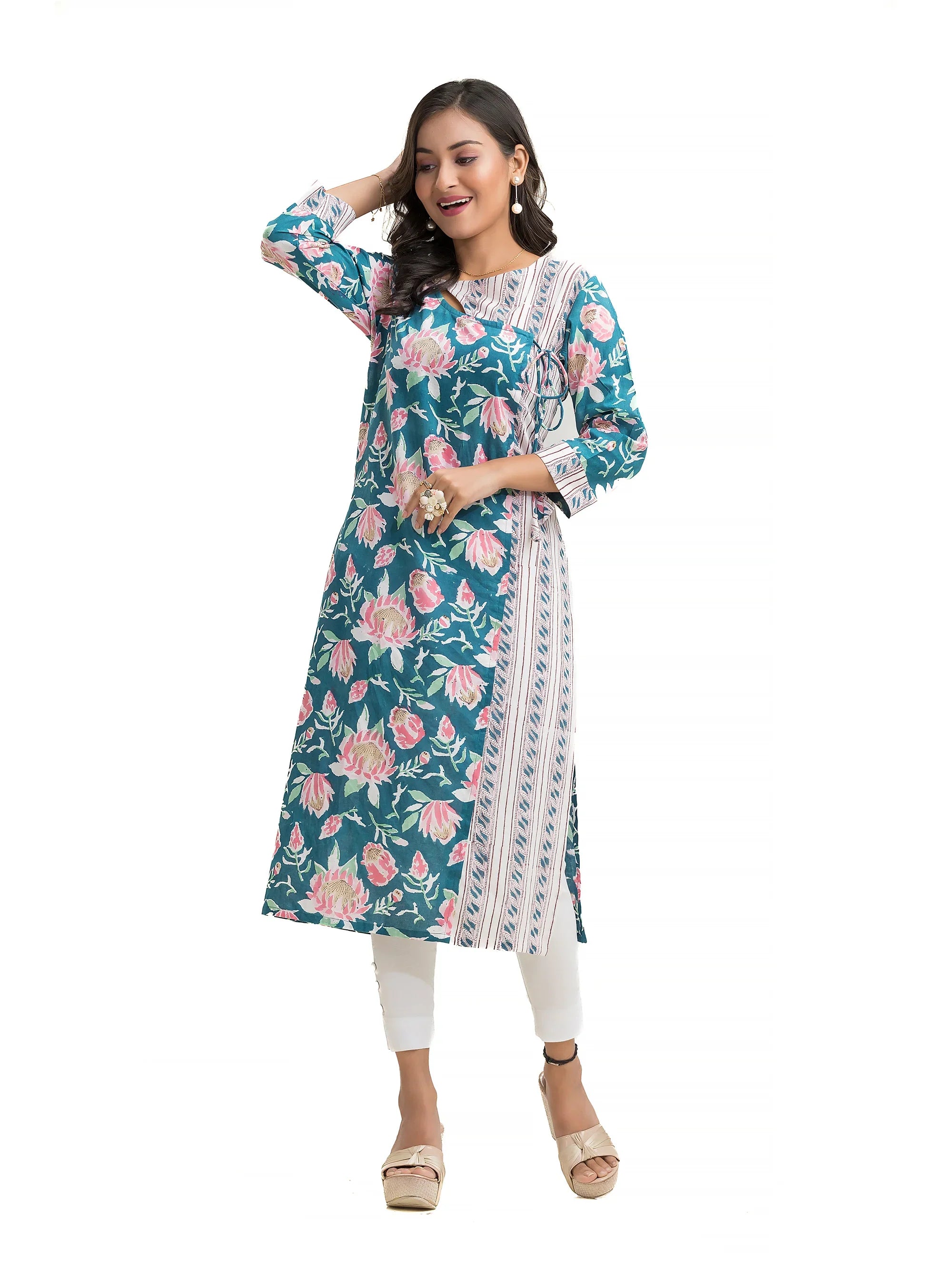 Turquiose Blue Sanganeri Prints Peephole design Angaraksha style Kurti