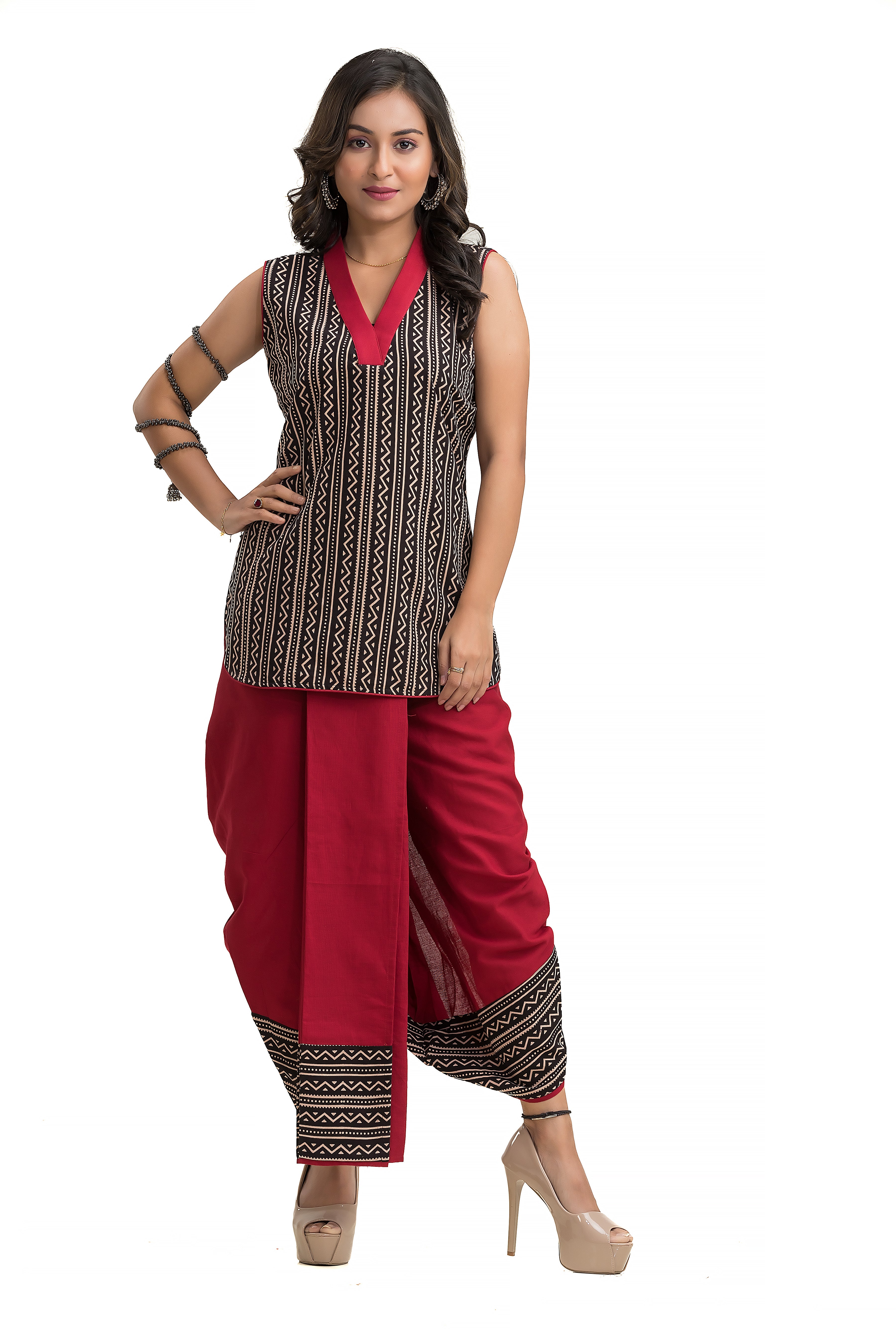 Black Stripe Ajrakh Pattern Maroon Dhoti Co-Ord Set - Crazy Needle Online